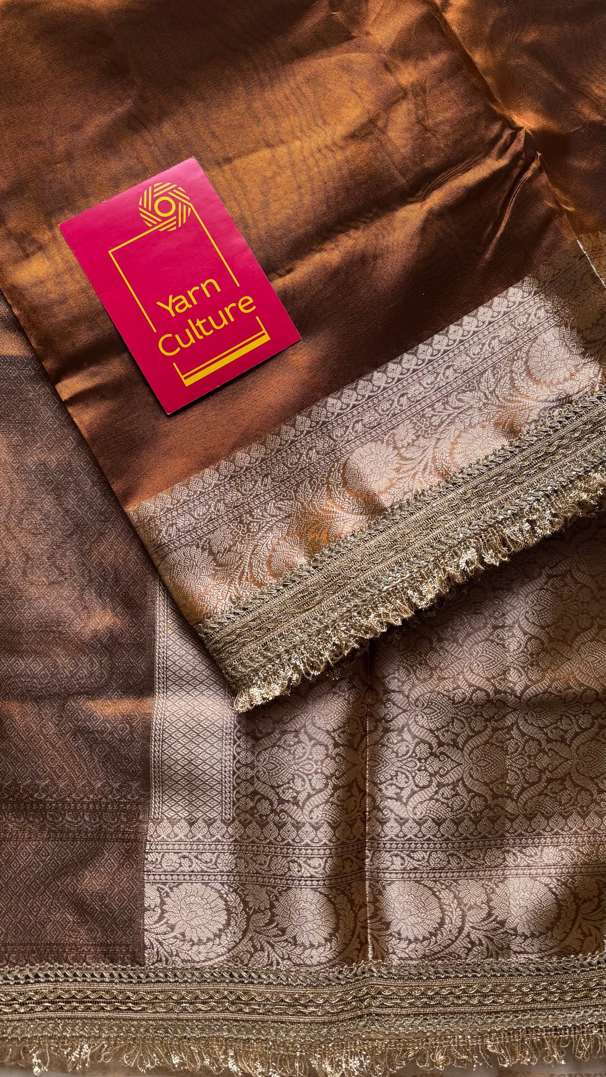 Brown tissue Banarasi saree with embellished gold lace border - YCBLTOC80