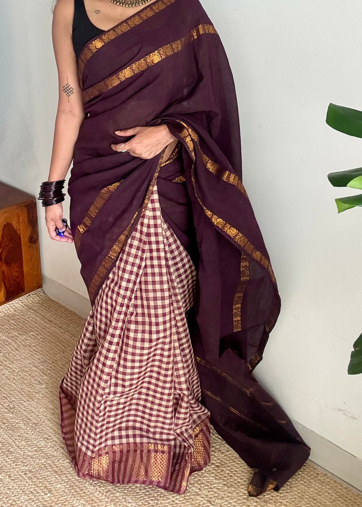 Brown and maroon with cream checks, sungudi and chettinad cotton half-half saree - YCCOTNIDOC31