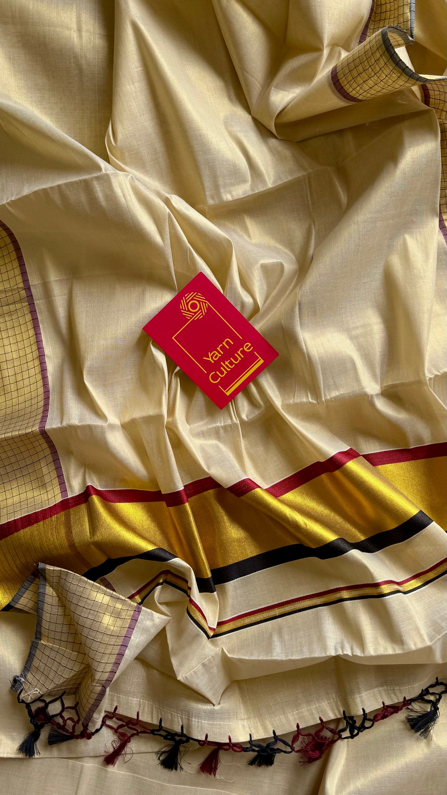 Ivory and gold soft tissue cotton saree, black and red, checkered border - YCIEON78