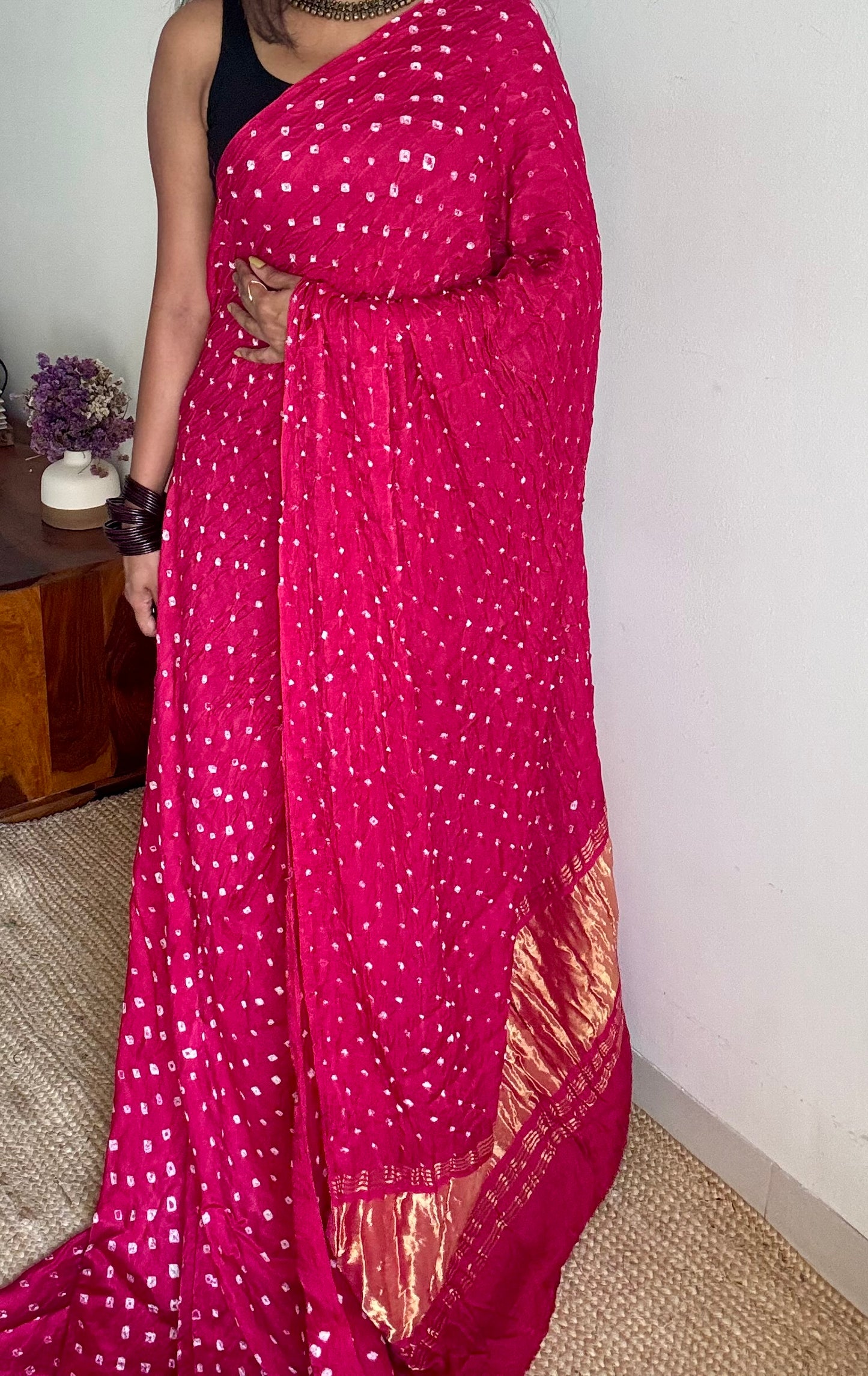 Rani pink, crushed bandhej pure modal silk saree with lagdi patta zari pallu - YCTOKBM332