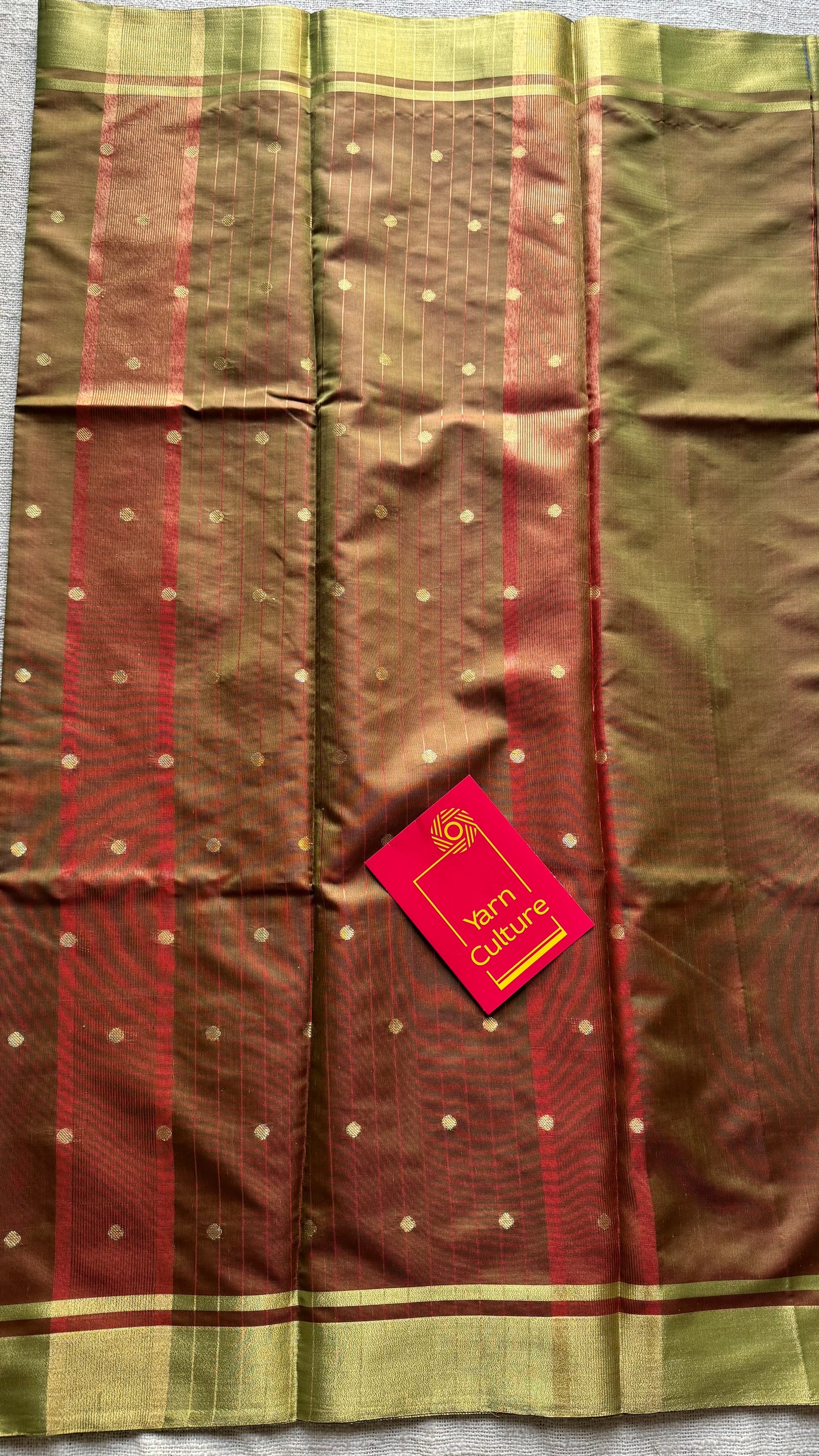 Green brown dual tone with antique gold border & buttas, semi katan silk - YCBLSSJA18