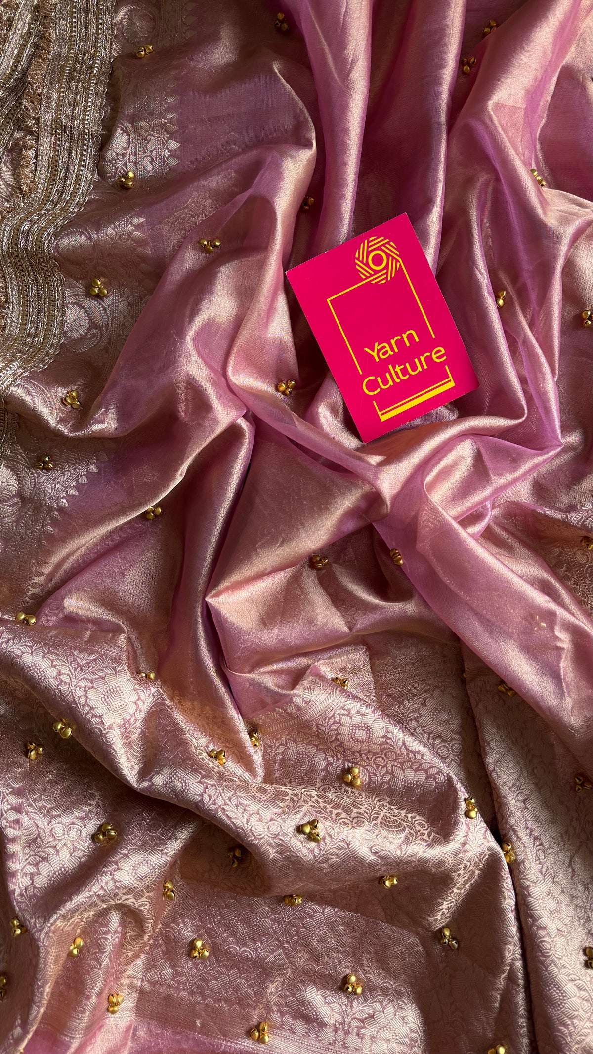 Pink gold tissue Banarasi saree with ghungroo embellishments and zari border - YCBLTOC71