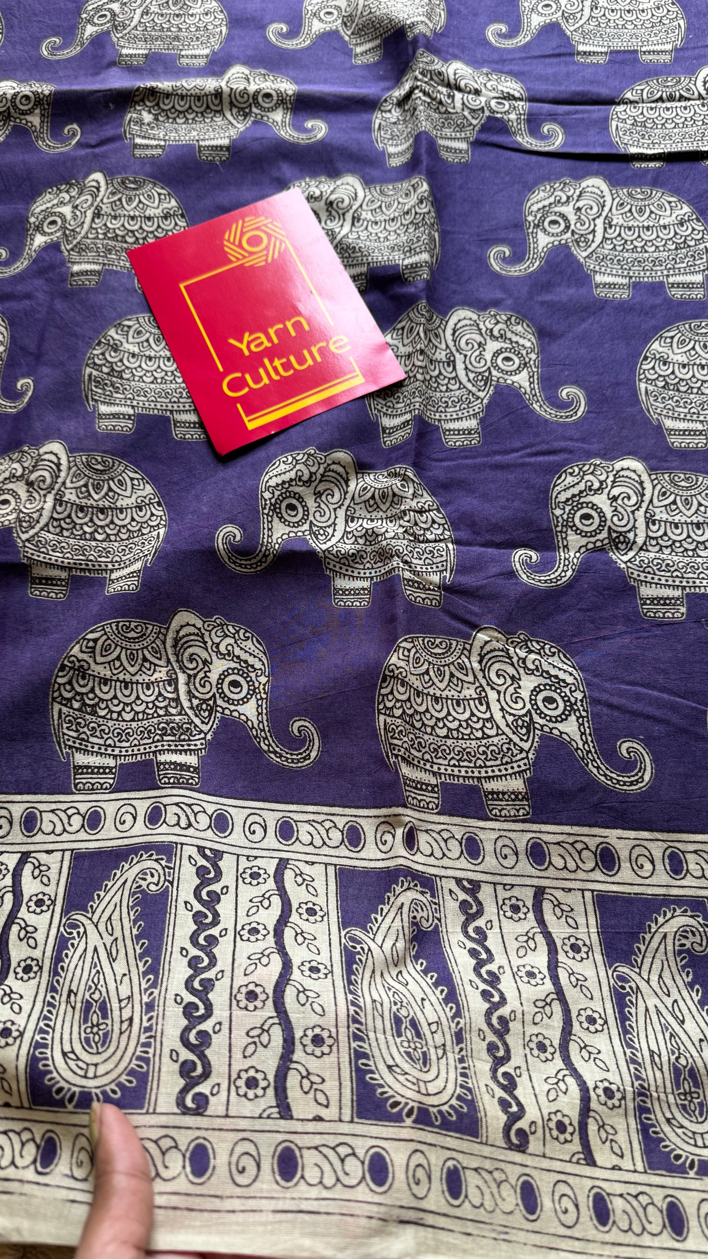 Purple kalamkari saree, elephant motifs, soft cotton - YCWOTDMA351