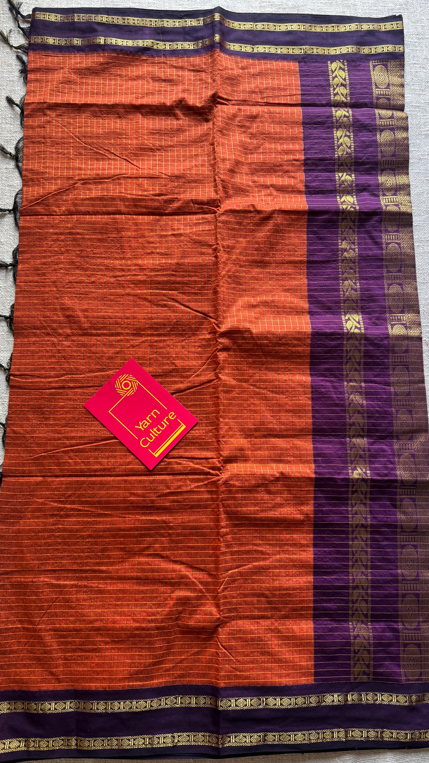 Orange with wine contrast arani checkered saree, cotton silk - YCCOTNKCFE68