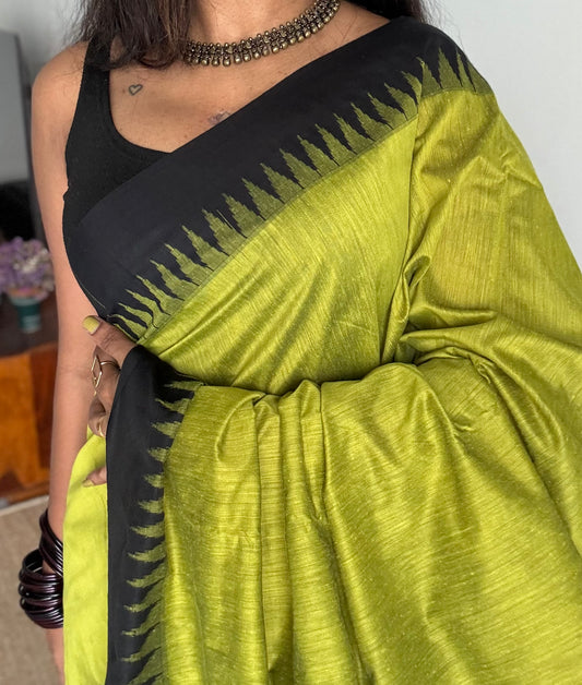 Lime green with black contrast, temple border saree, cotton silk - YCCOTNTBFE60