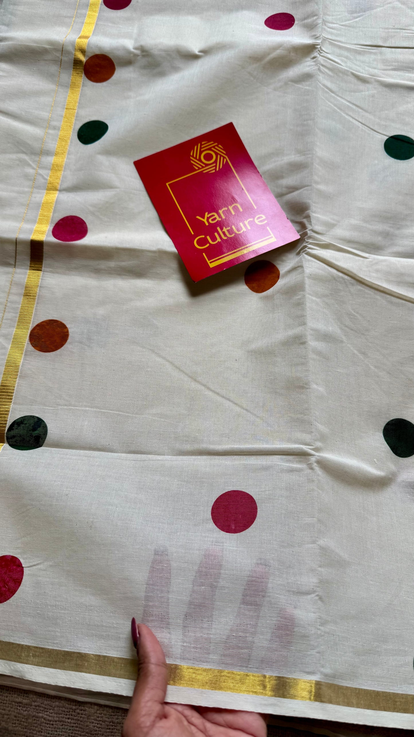 Ivory and gold soft cotton thin border kasavu saree, dark pink, mustard and green polka - YCIEON75