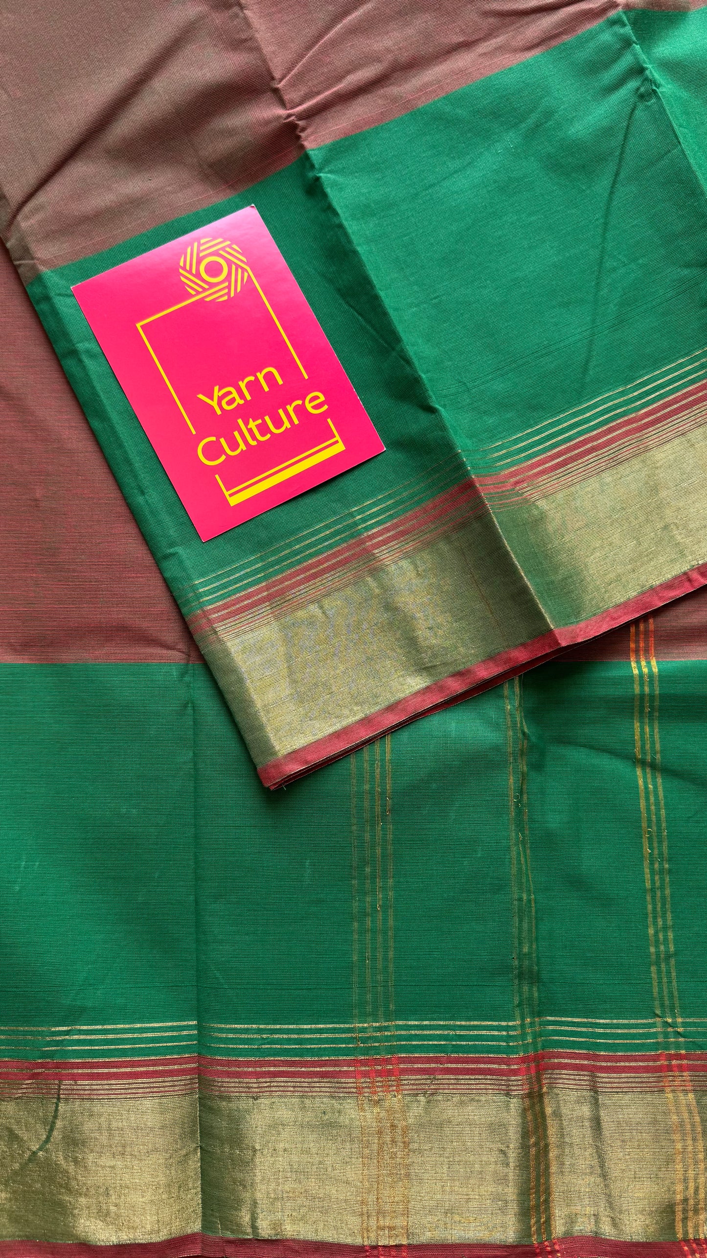 Light brown and green Chettinad cotton saree with antique gold zari border - YCCOTNCCFE155