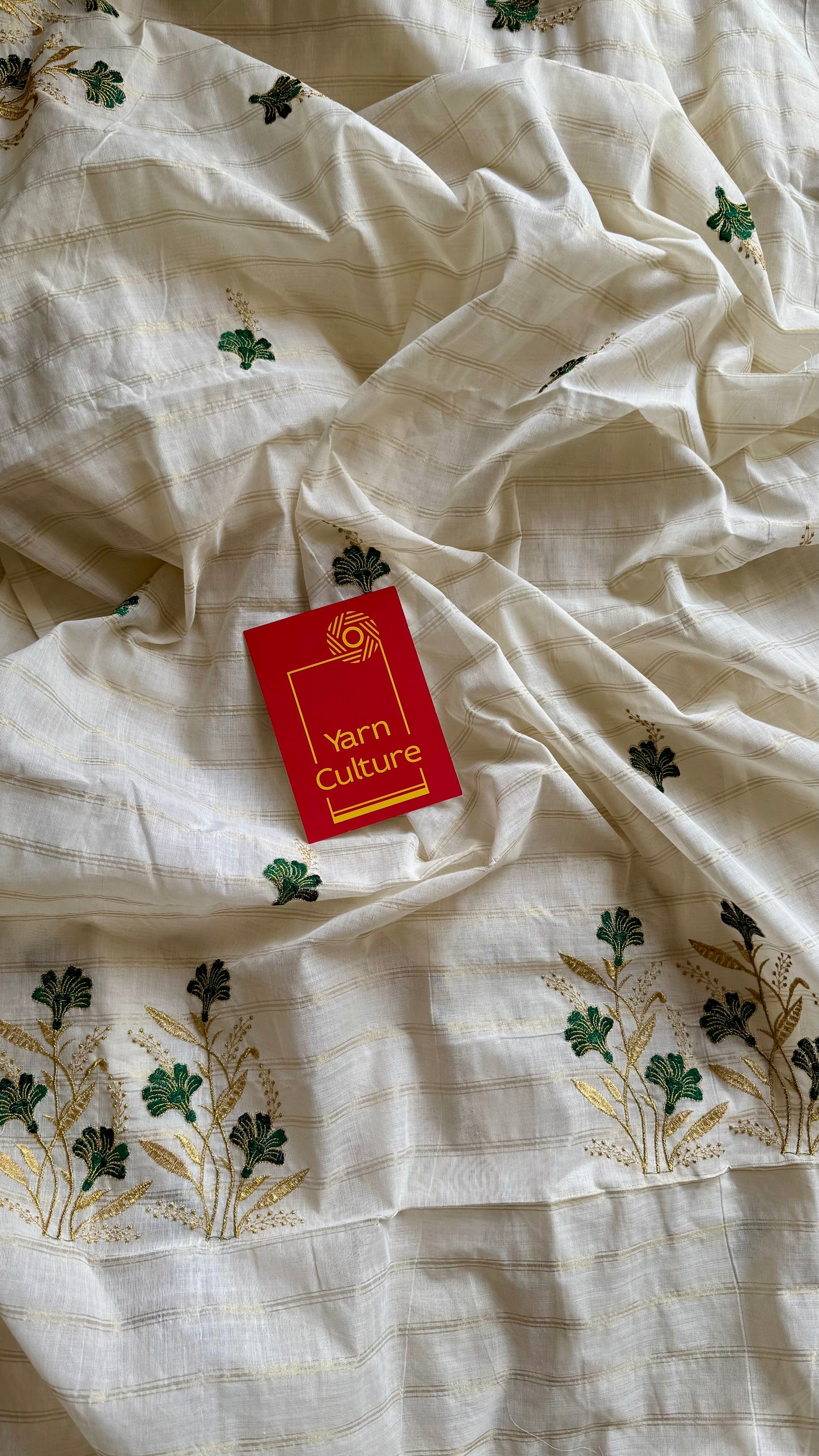 Ivory and gold soft cotton saree, dark green floral embroidery  - YCIEON51