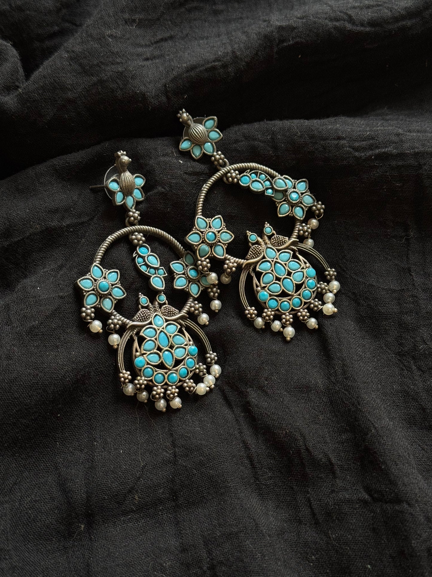 Peacock dangler earring with aqua stones - YCOSED594