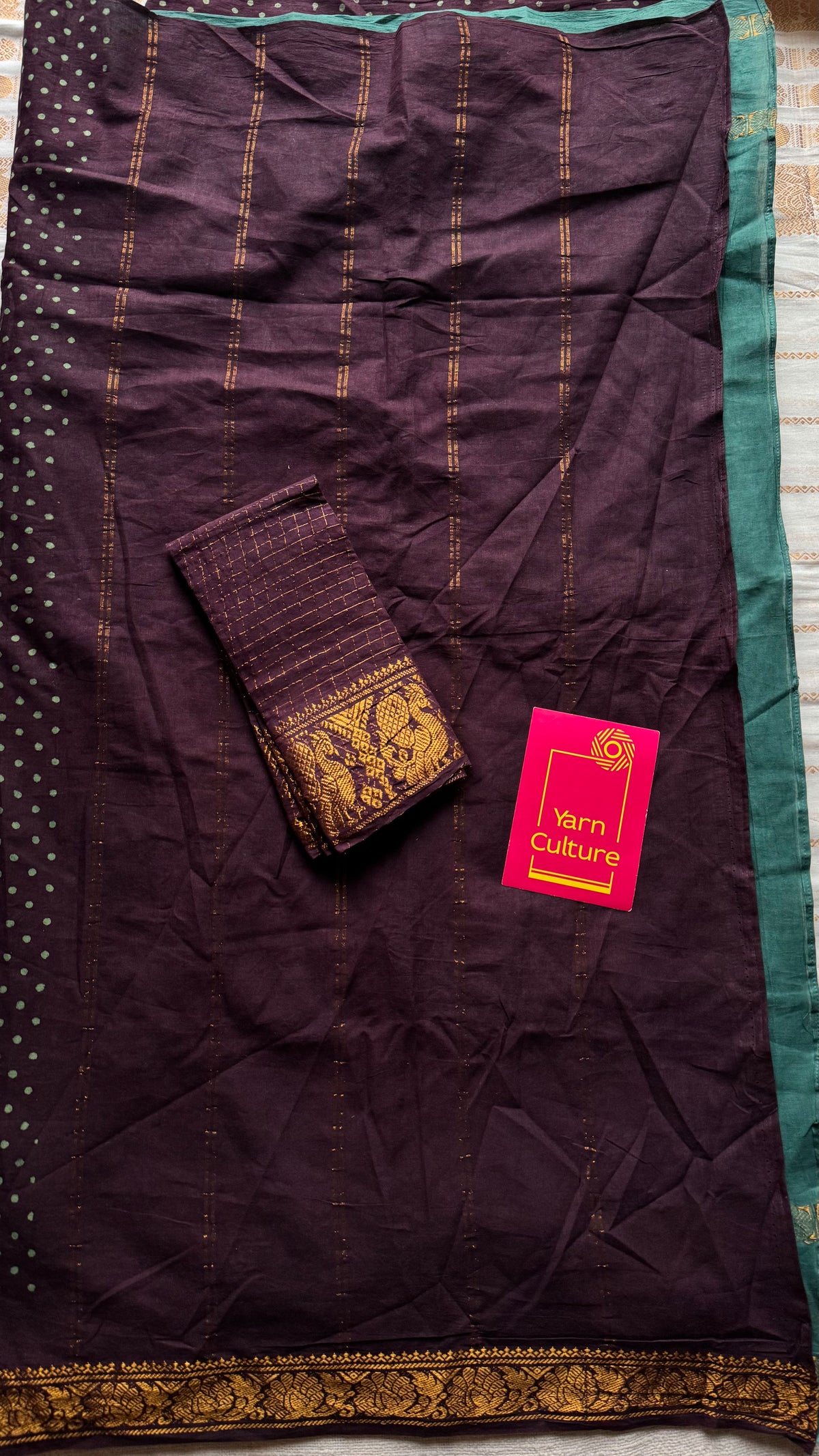 Brown with mint green, sungudi cotton half-half saree - YCCOTNIDOC16