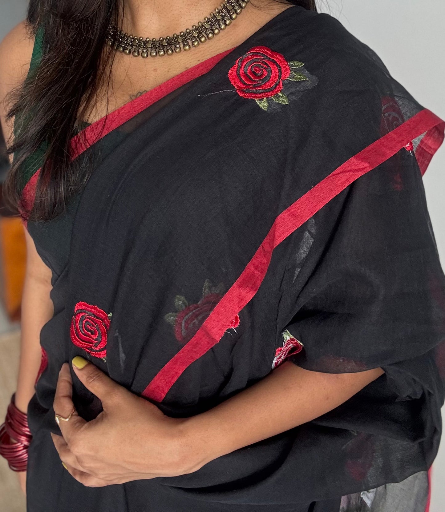 Black mul with red rose thread embroidery - YCBCMCNO69
