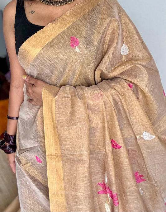 Handwoven ivory gold dual tone tissue linen saree with lotus motifs - YCBCLTFE400