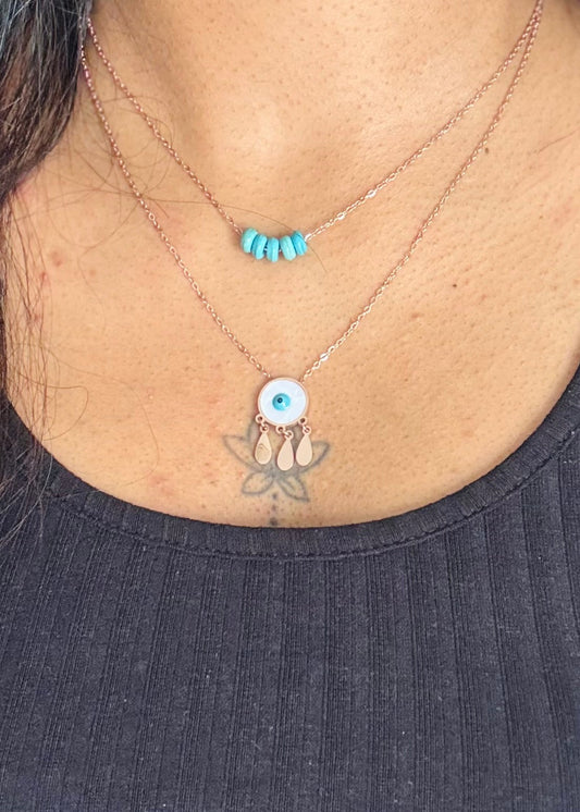 Rose gold plated double layered chain, turquoise beads and charm - YCGPC434