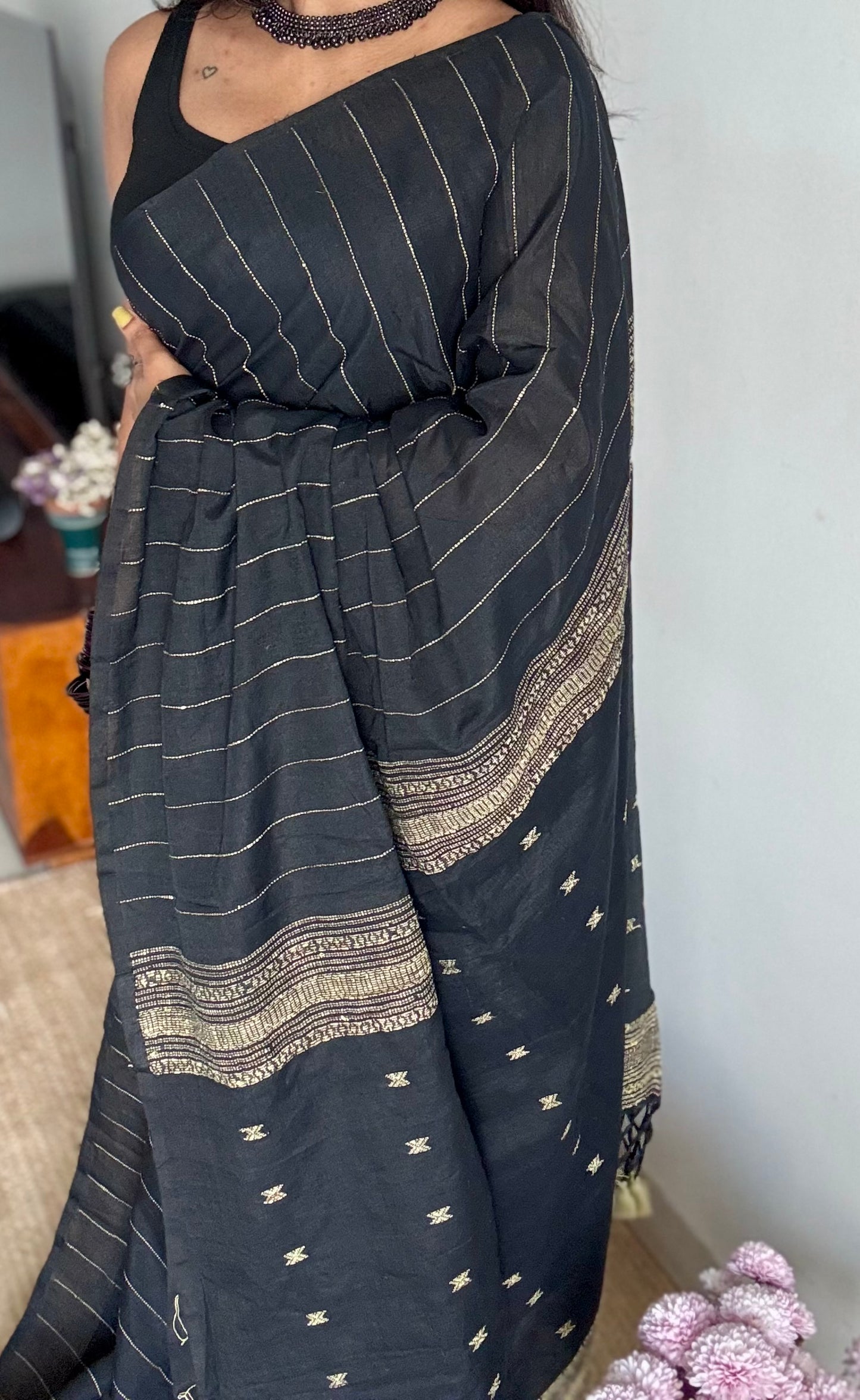 Black, bhujodi patterned soft khadi cotton saree - YCBCKCDE22