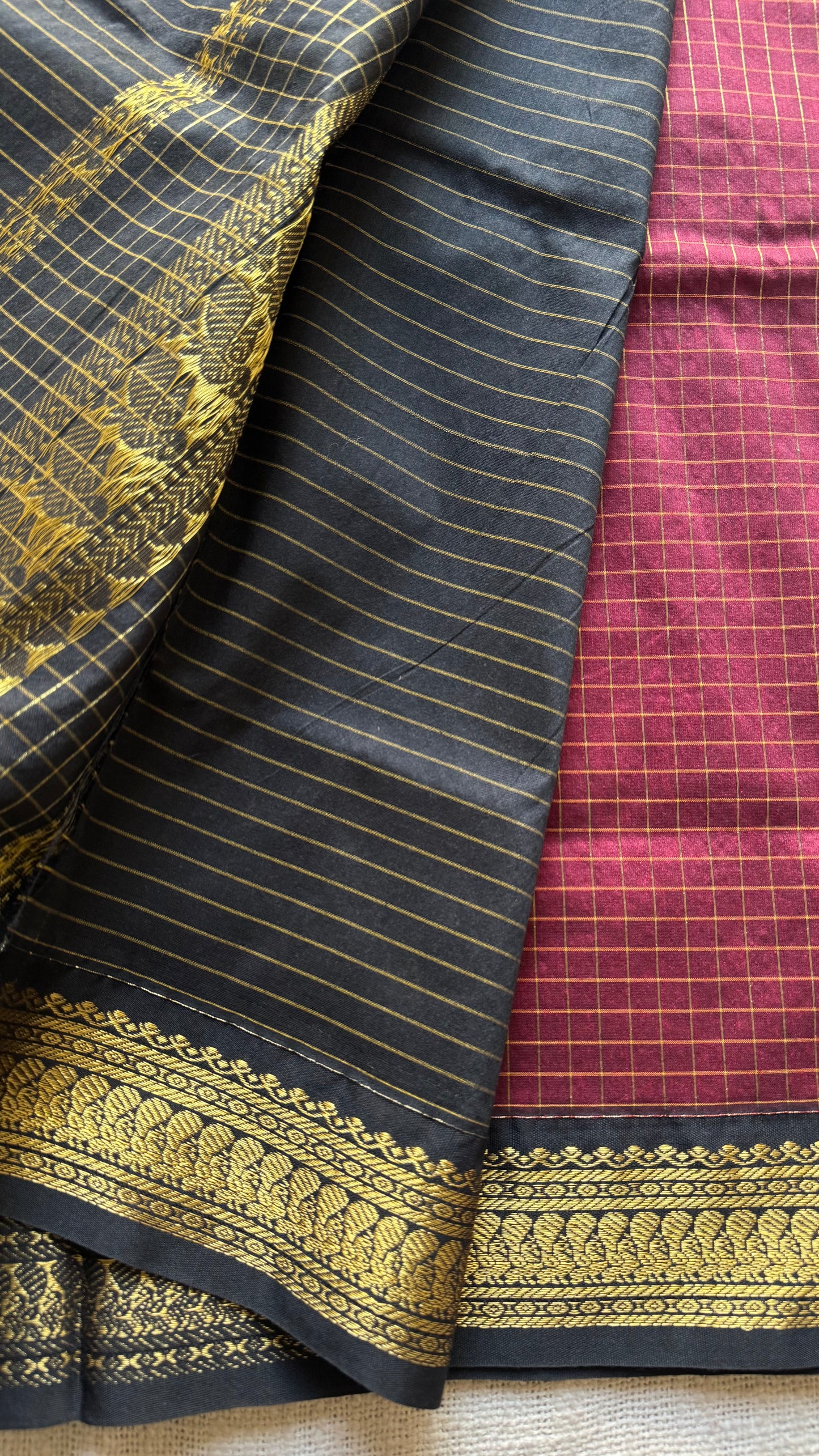 Maroon with black, checks - cotton silk - YCCOTNOCKC43