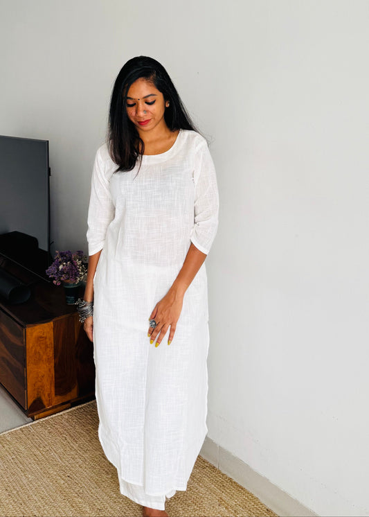 White cotton round-neck stitched kurta co-ord set, three-fourth sleeves - YCSEBPSFE247