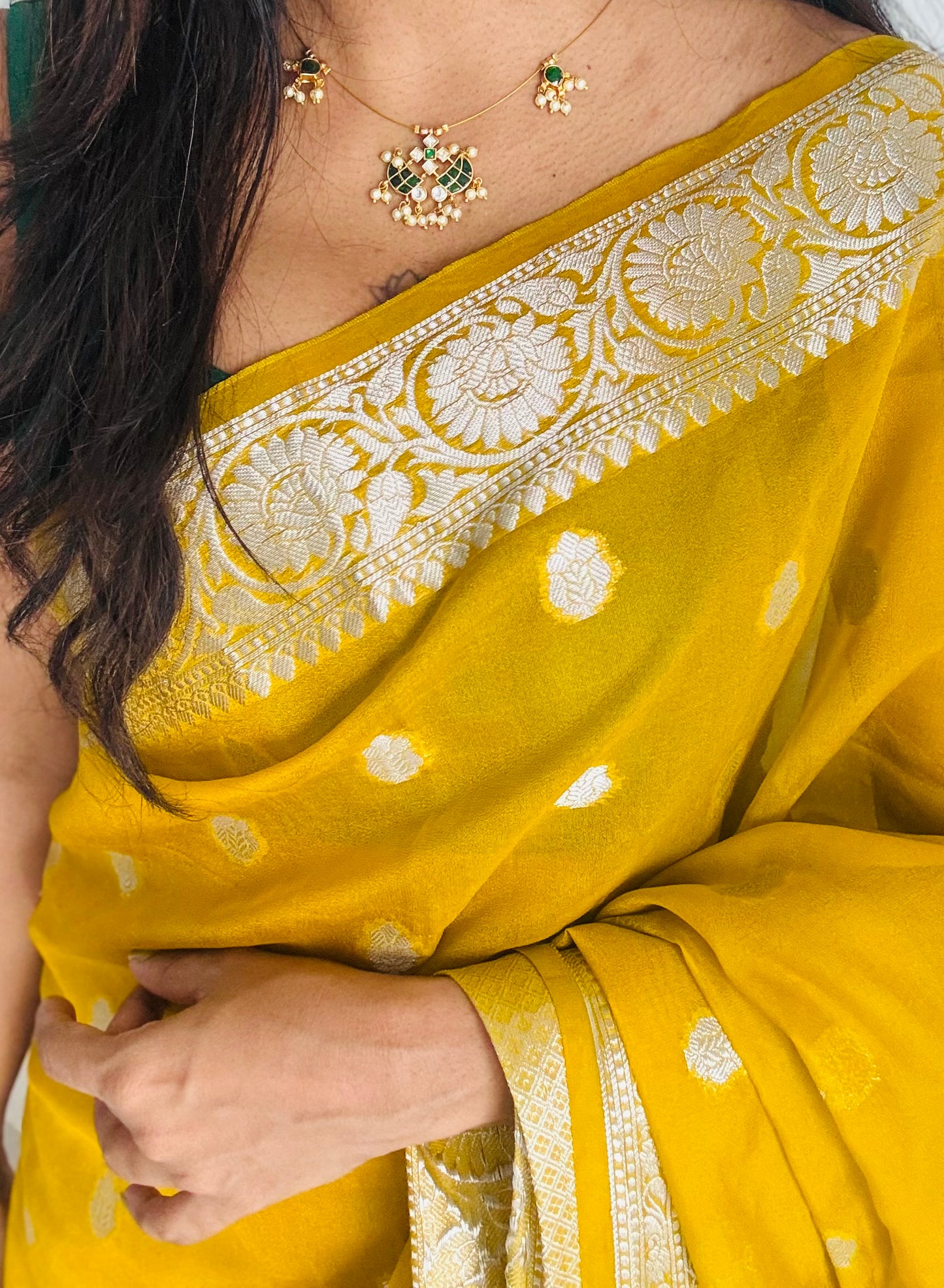 Invisible neckchain with jadau kundan stones & pearl hangings - green, white - YCGPNP693