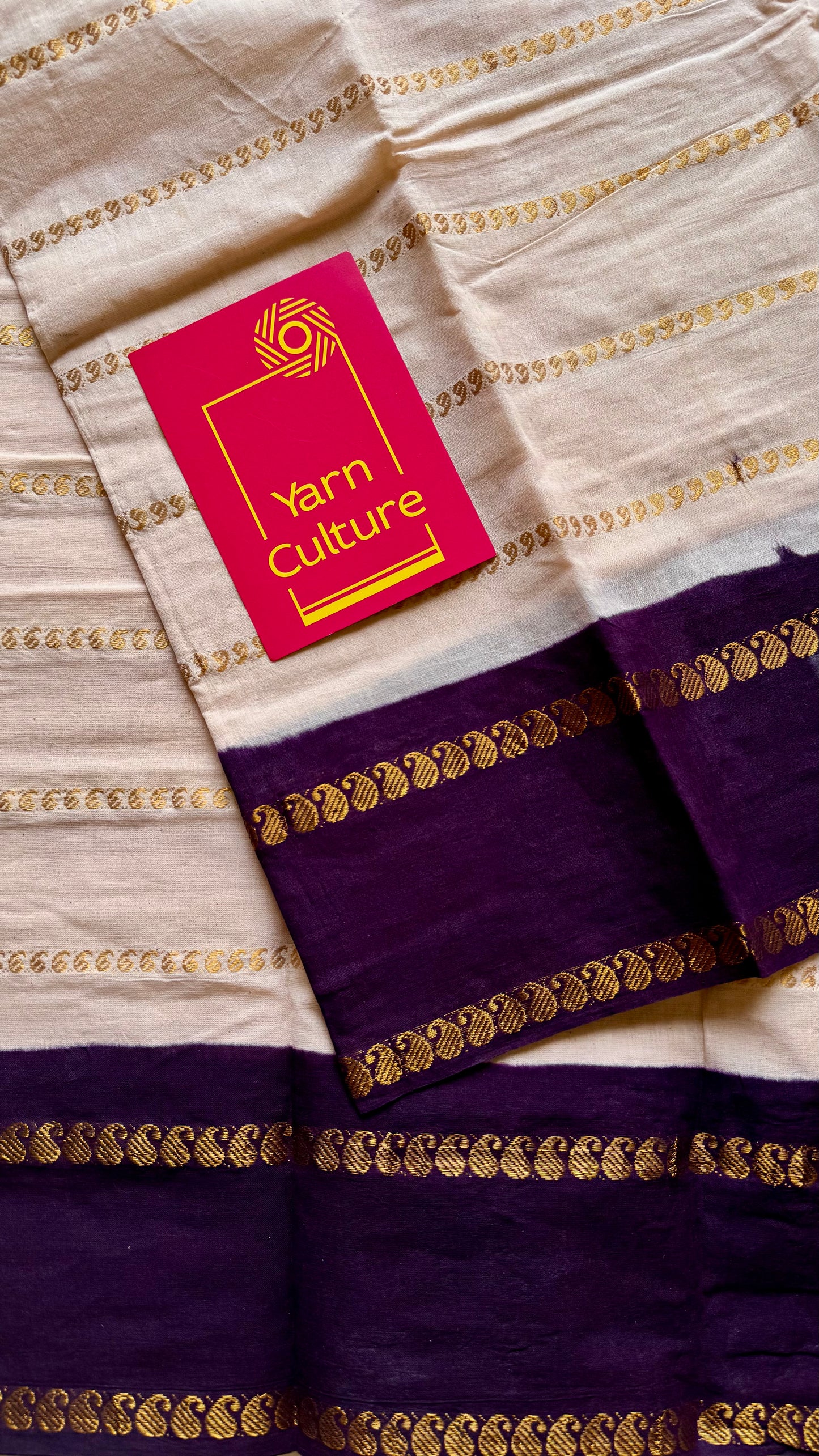 Ivory with purple brown contrast paisley sungudi, kattuchayam dyed madurai cotton - YCIEON90