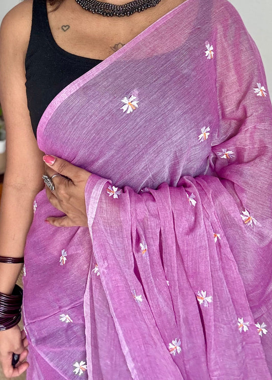 Mauve pink parijat mul cotton saree  - YCBCMCAP33