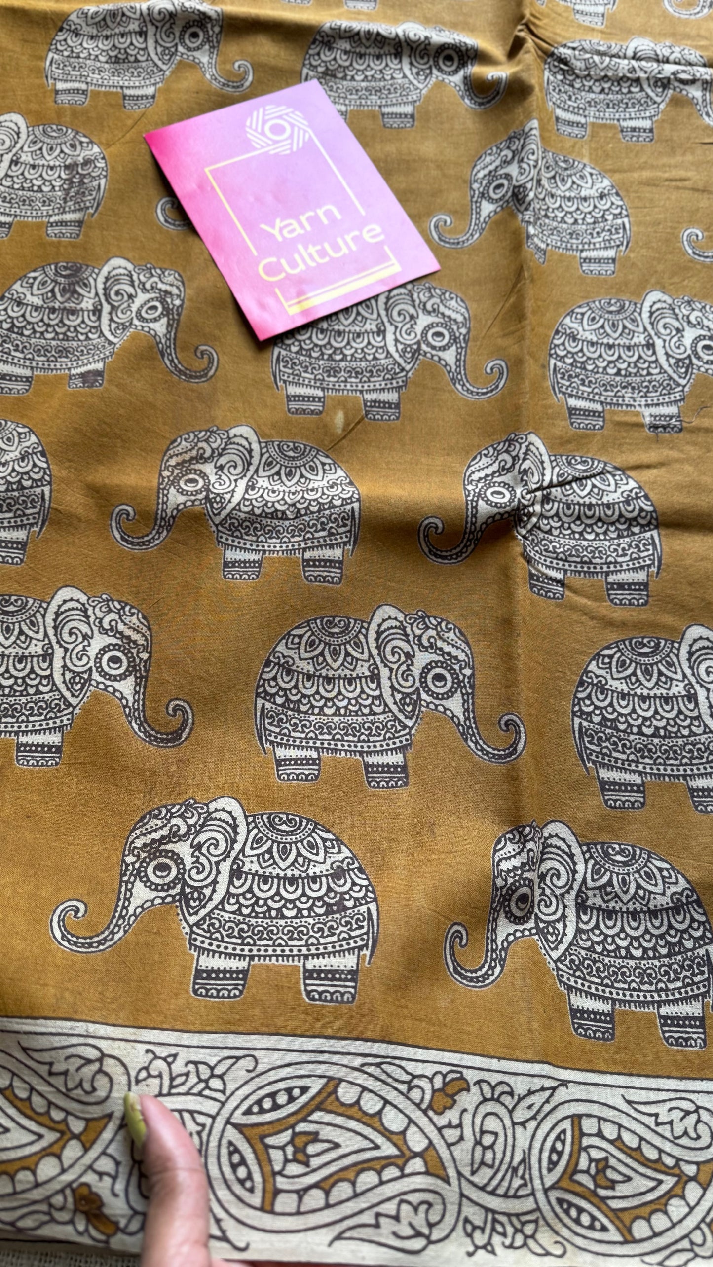 Light brown kalamkari, elephant motifs, soft cotton - YCWOTDOCMP83