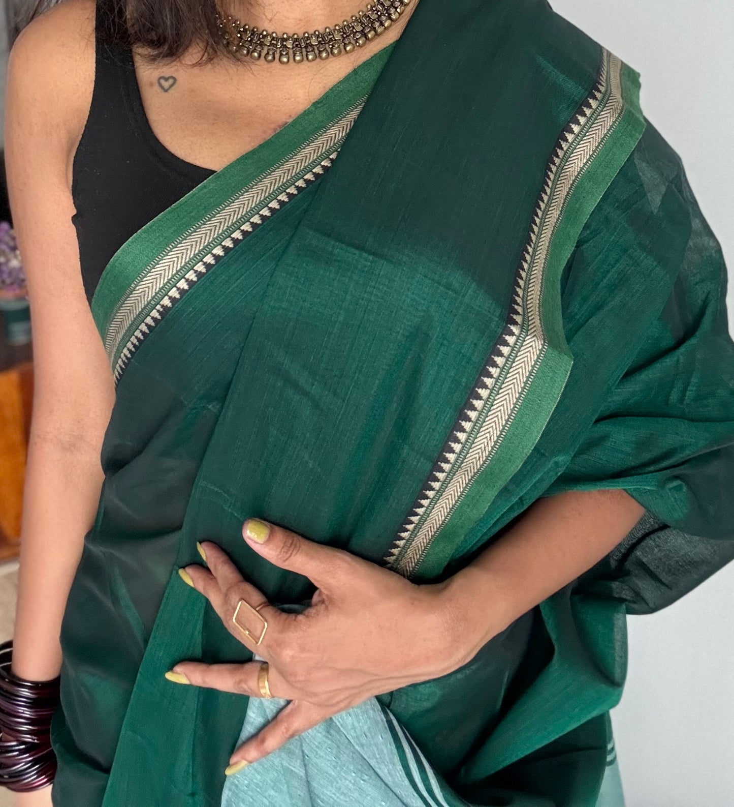 Dark green with light green border narayanpet saree, soft cotton - YCWOTDNPFE37