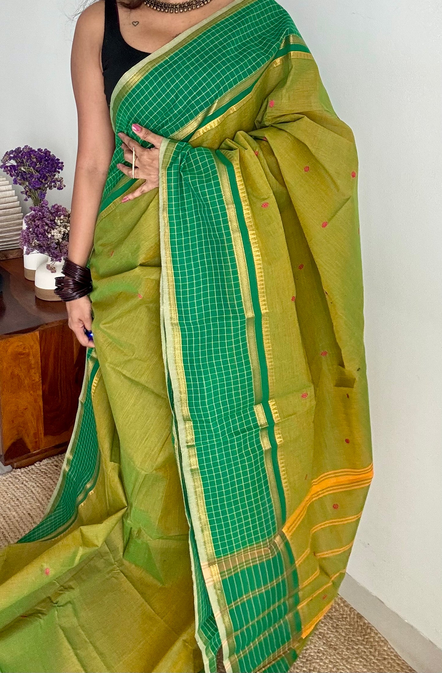 Light green and dark green contrast, Chettinad cotton saree with checkered border - YCCOTNMA274