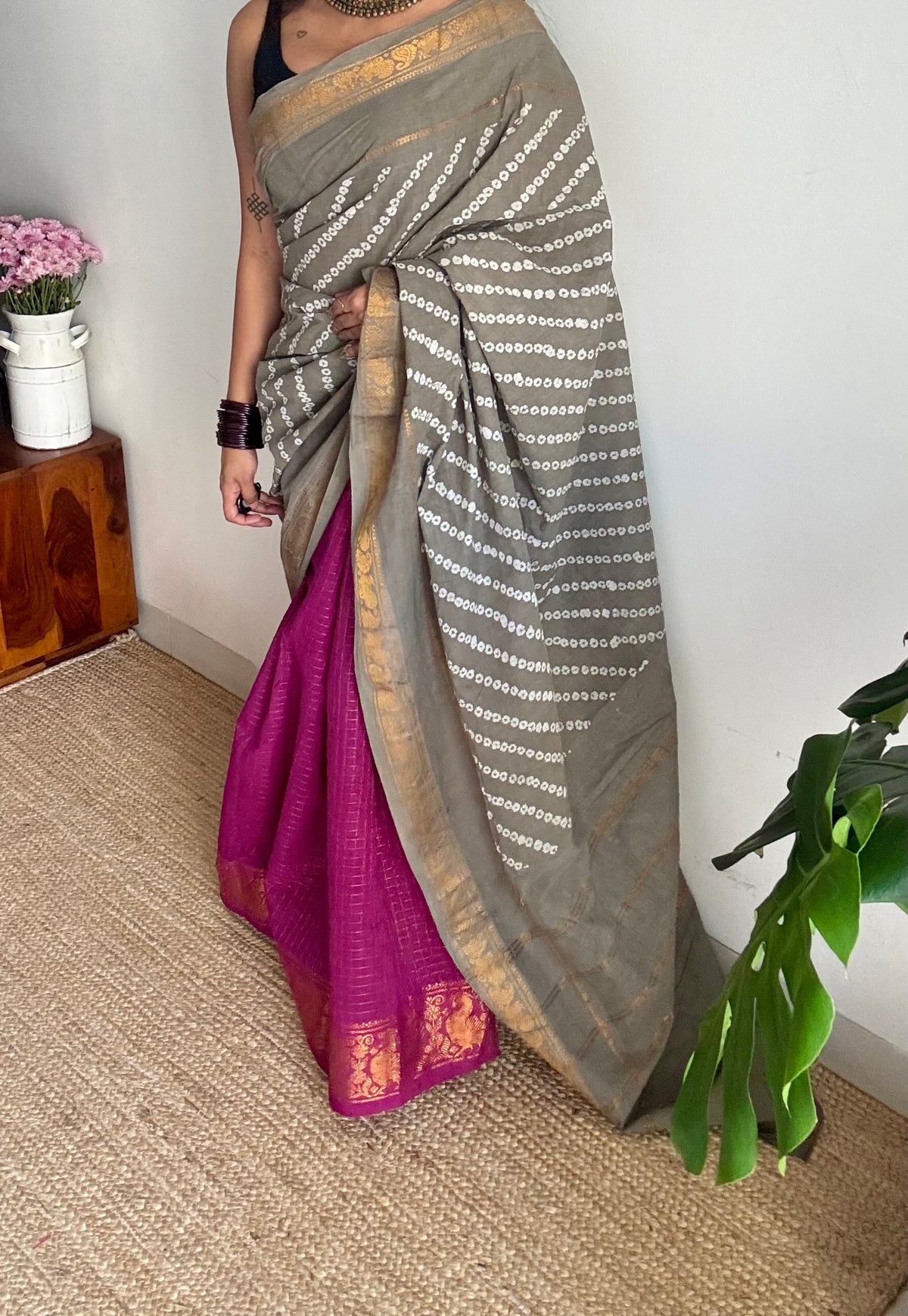 Grey with purple pink (vadamalli), cotton half and half saree - YCCOTNIDOC144