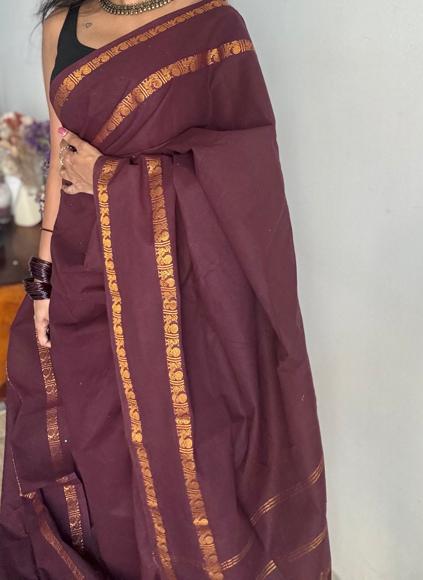 Coffee brown rettaipettu peacock gap border, kattuchayam dyed madurai cotton saree  - YCCOTNMSAP99