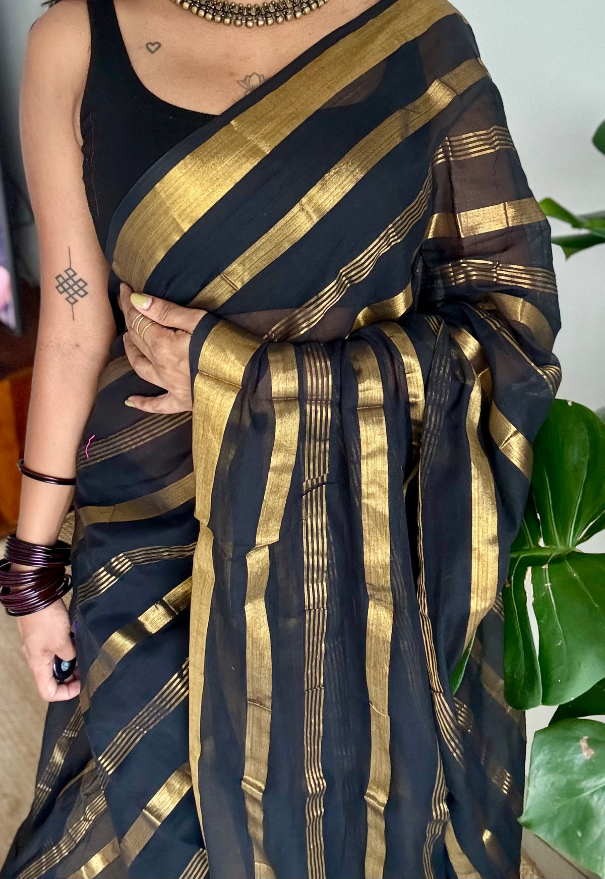 Black mul cotton saree with zari stripes - YCBCMCSE26