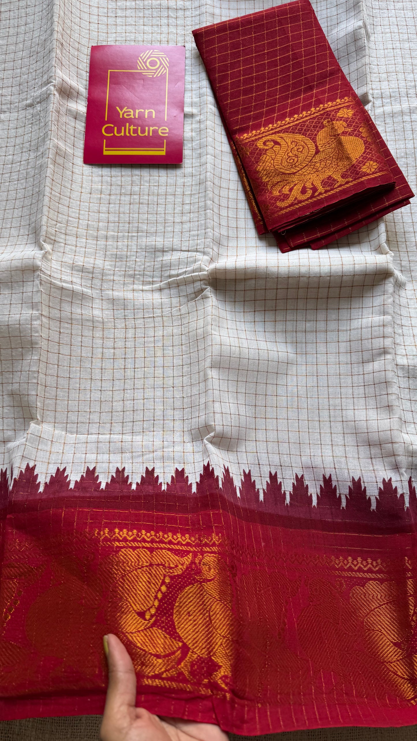 Sungudi cotton checks, off white base, red and yellow dual tone border, soft cotton - YCCOTNMSFE279
