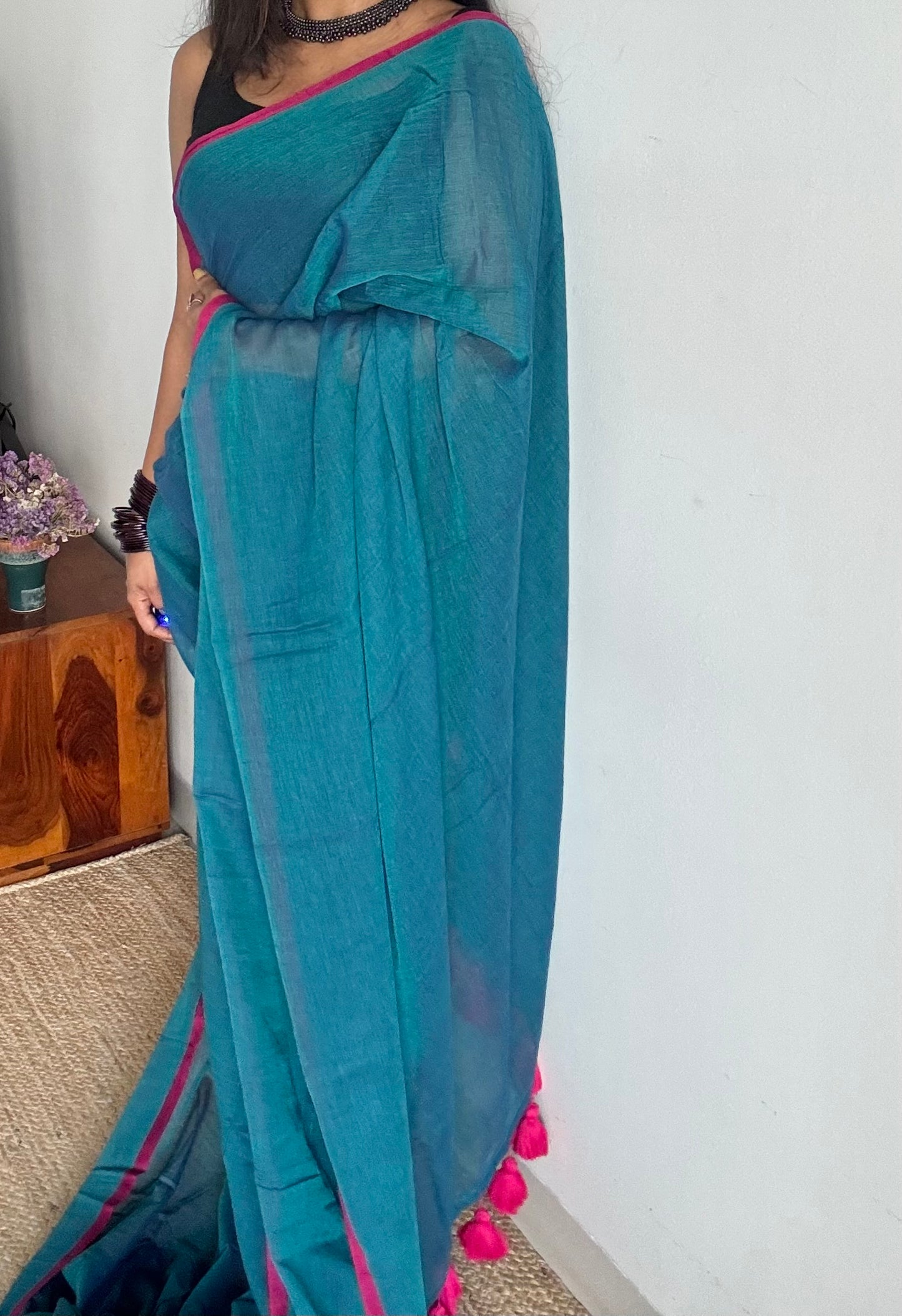 Peacock blue with dark pink border mul cotton saree - YCBCMCFE225