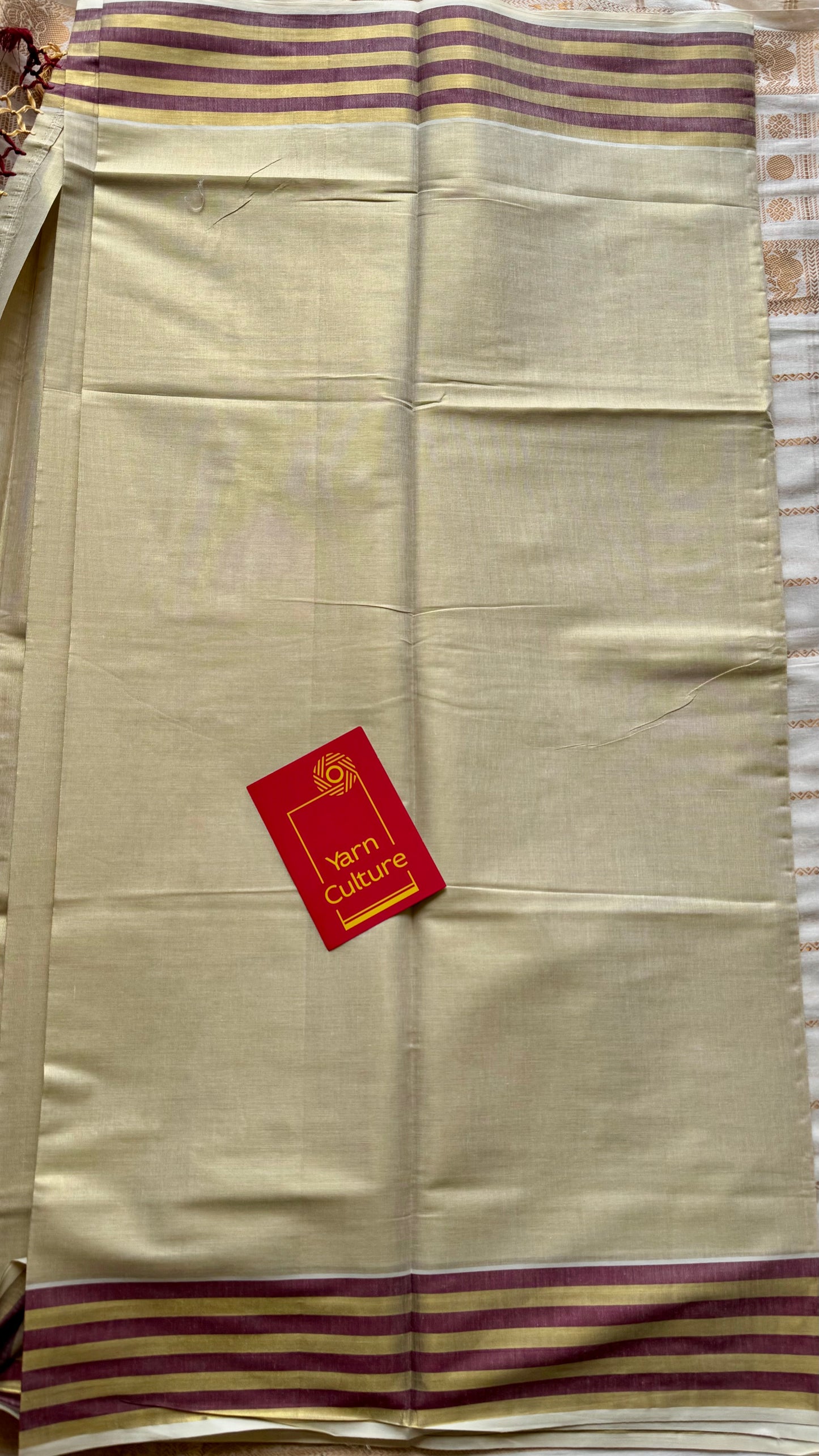 Ivory and gold soft tissue cotton saree, maroon border - YCIEON67