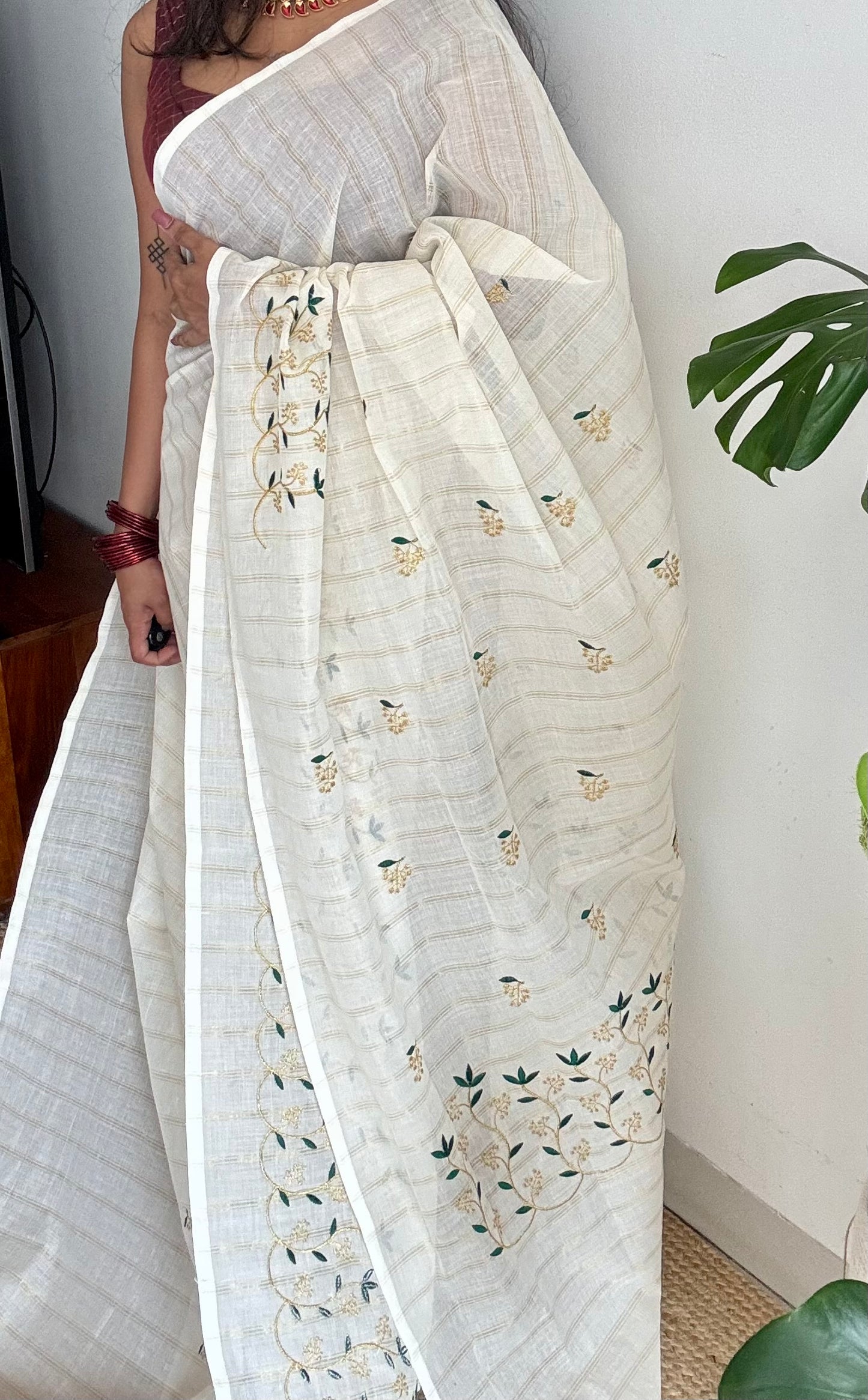 Ivory and gold soft cotton saree, dark green floral vine embroidery  - YCIEON57