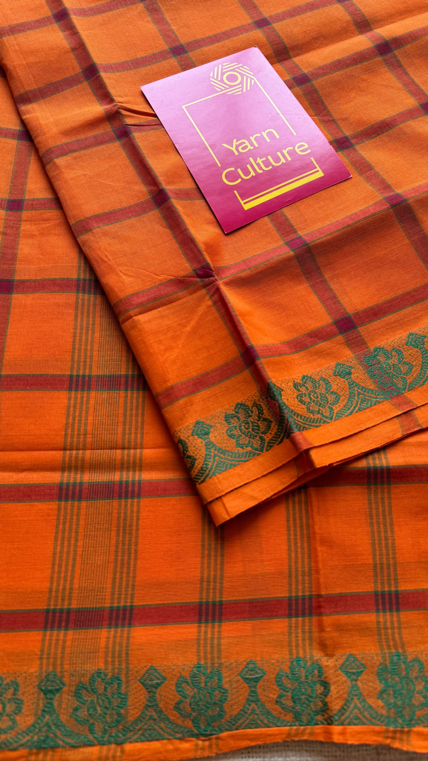 Orange Chettinad cotton saree with checks - YCCOTNCCFE147