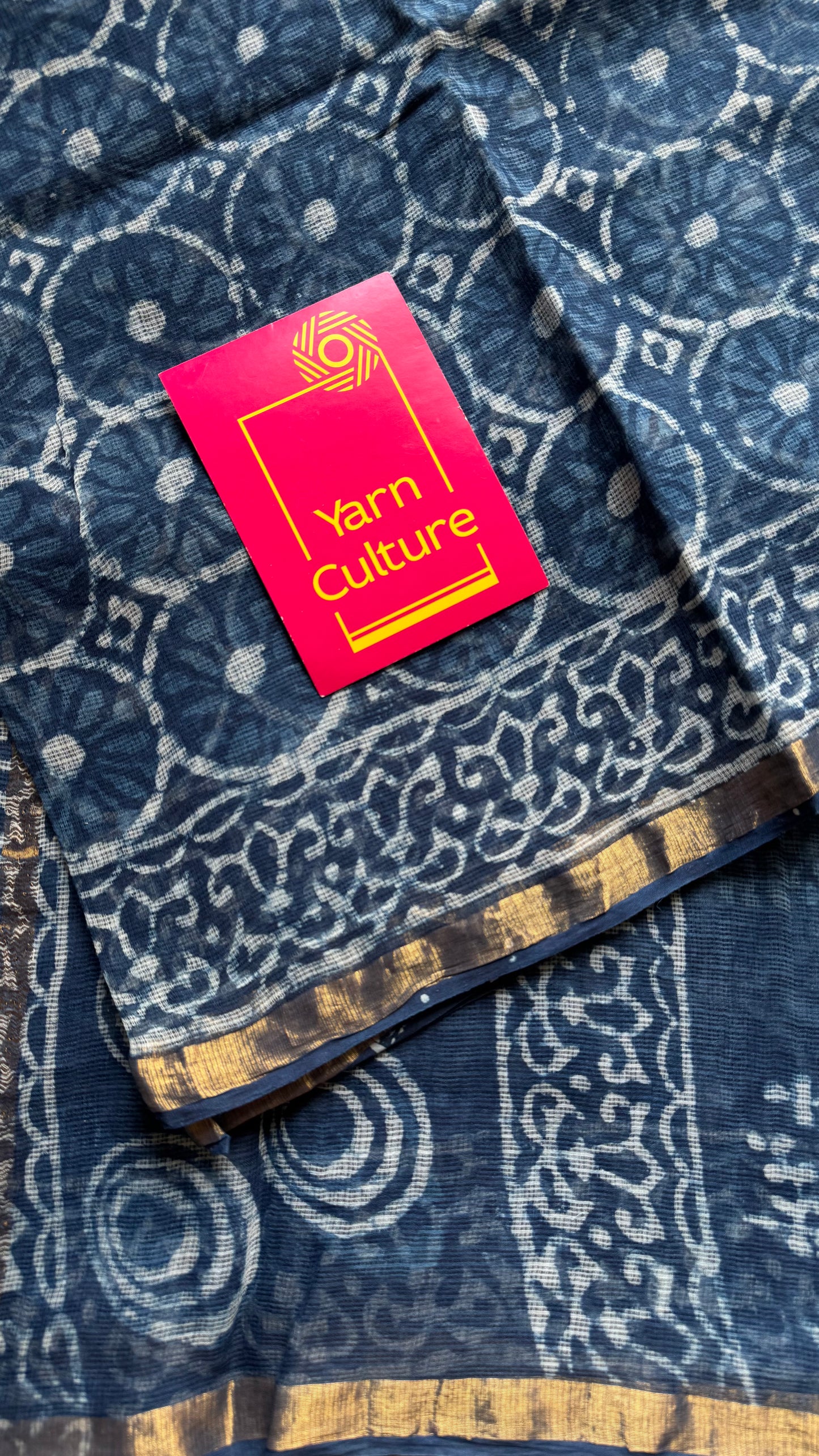 Neel Full Volume - indigo floral kota doria saree, with gold zari border - YCTORKDAP06