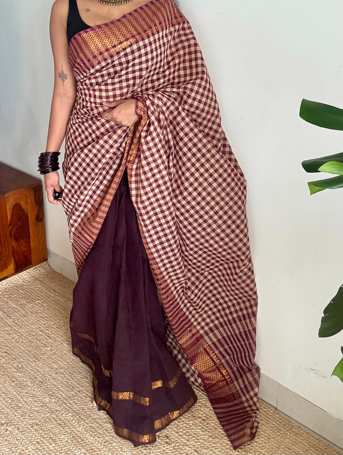 Maroon with cream checks and brown, sungudi and chettinad cotton half-half saree - YCCOTNIDOC32