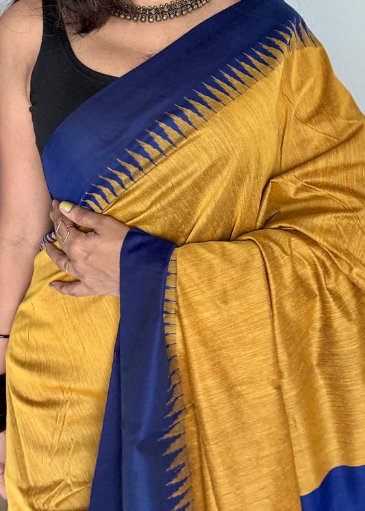 Turmeric yellow with blue contrast, temple border saree, cotton silk - YCCOTNTBFE57