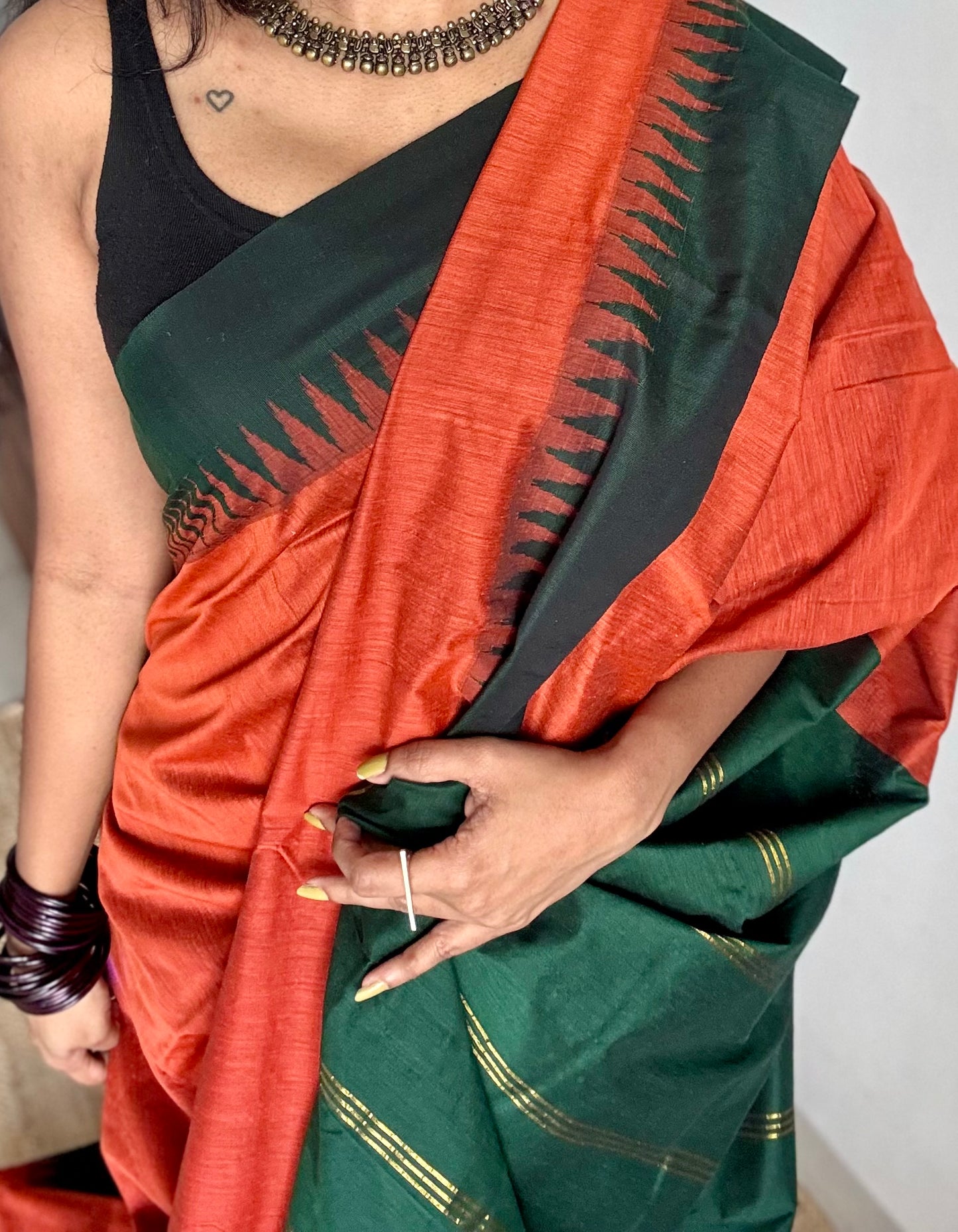 Orange with dark green temple border, cotton silk - YCCOTNCSDE93