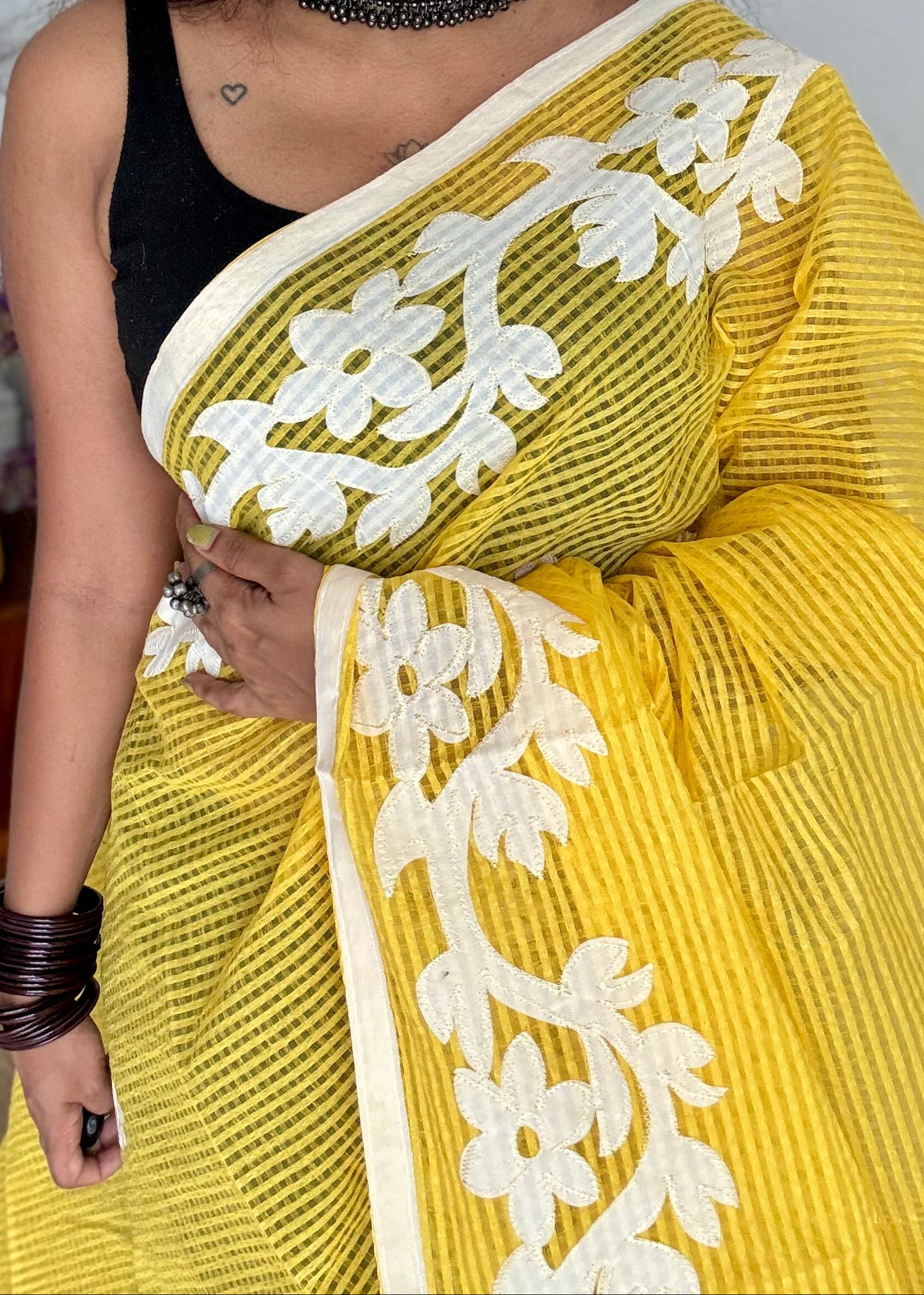 Aam Ras - yellow kota saree with white floral cut work - YCTORKDAP16