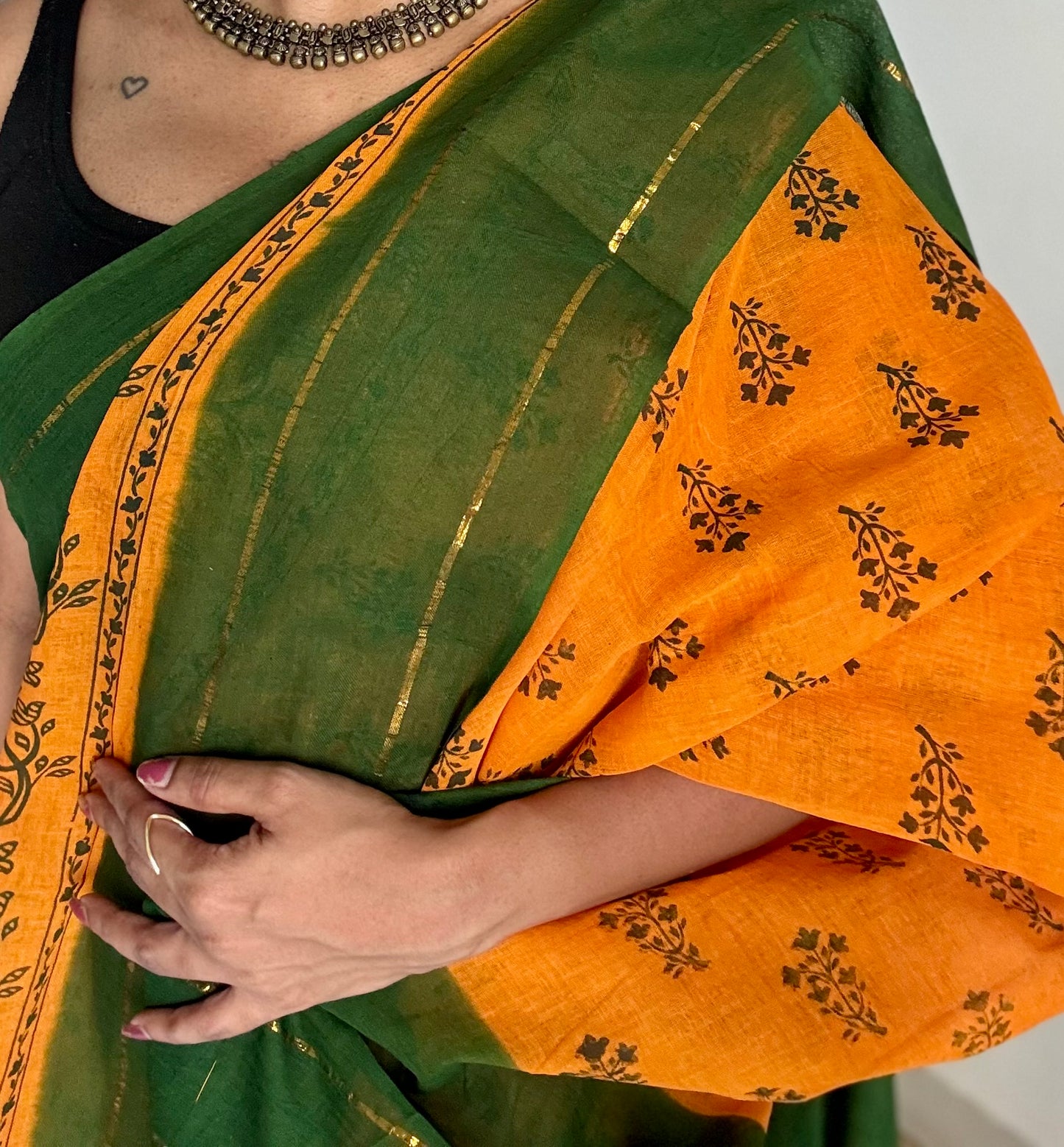 Mango yellow with green contrast, kattuchayam dyed madurai cotton saree - YCCOTNMA245