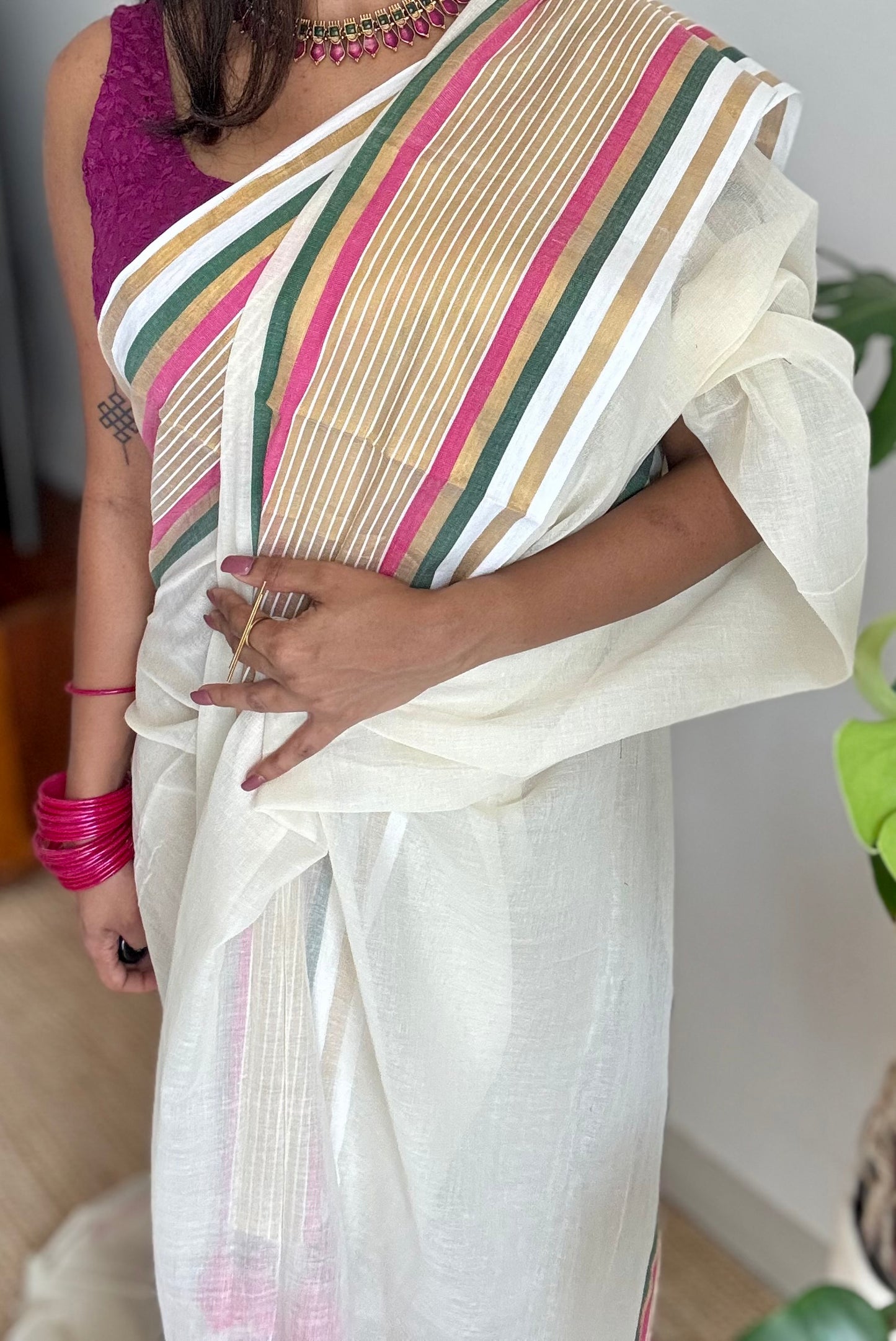 Ivory mul saree, hot pink, green and gold striped border - YCIEON14