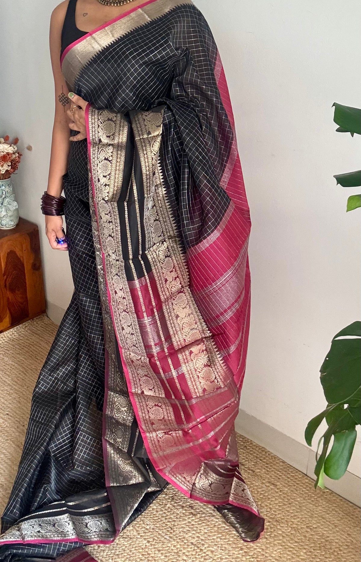 Black with dark pink silver zari checks, silver and gold peacock woven zari border, mangalgiri silk cotton, handwoven, soft, light weight - YCWOTDMSCOC123