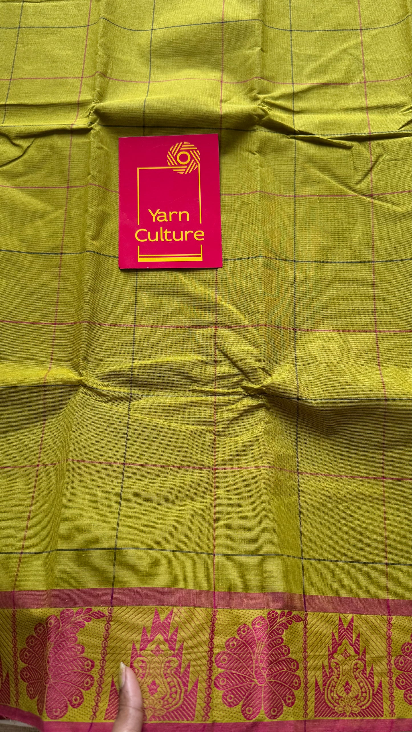 Chettinad cotton saree with lime green and pink checks, thread motif border - YCCOTNJUCC04