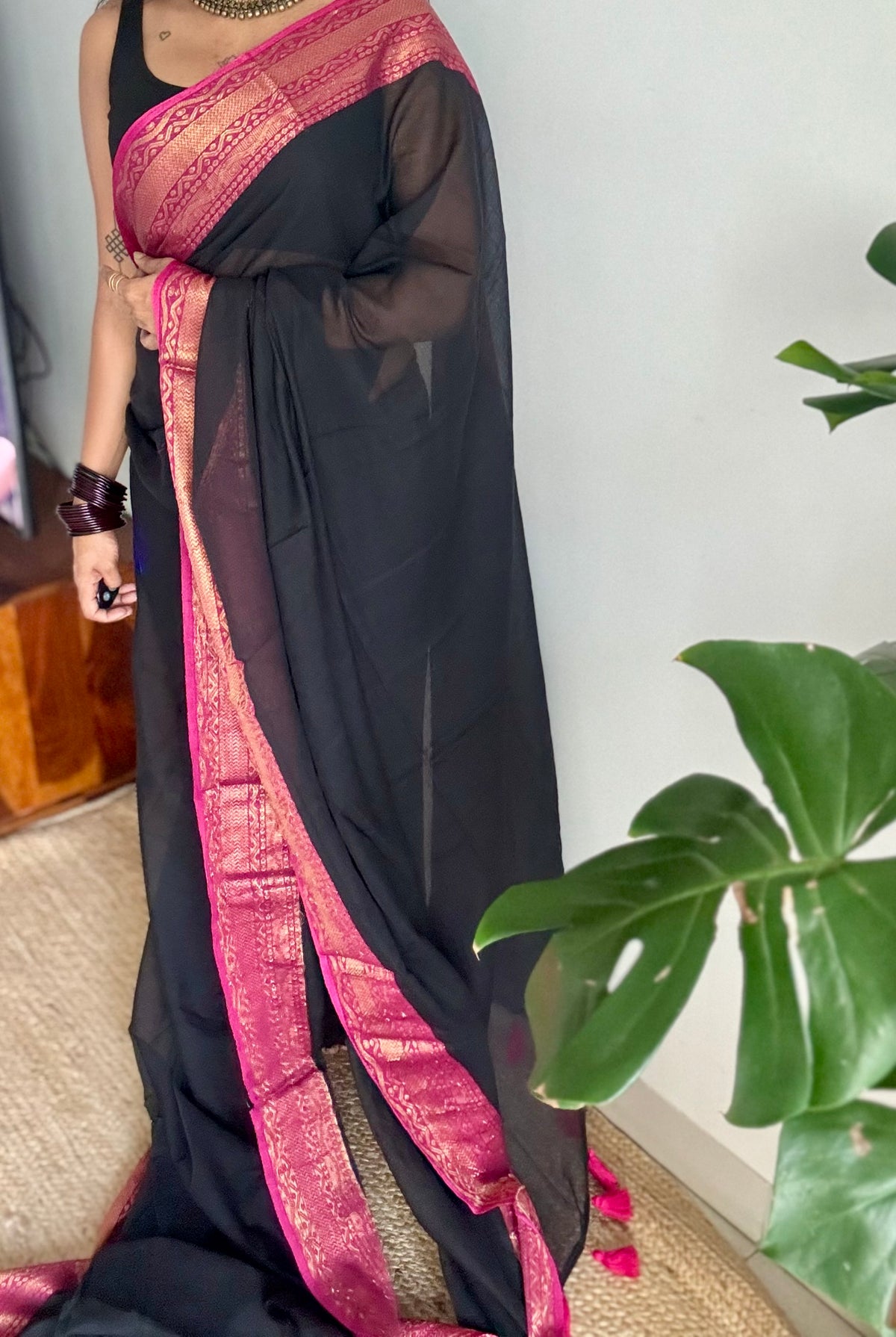 Black mul cotton saree with magenta kanchi inspired zari border - YCBCMCSE28