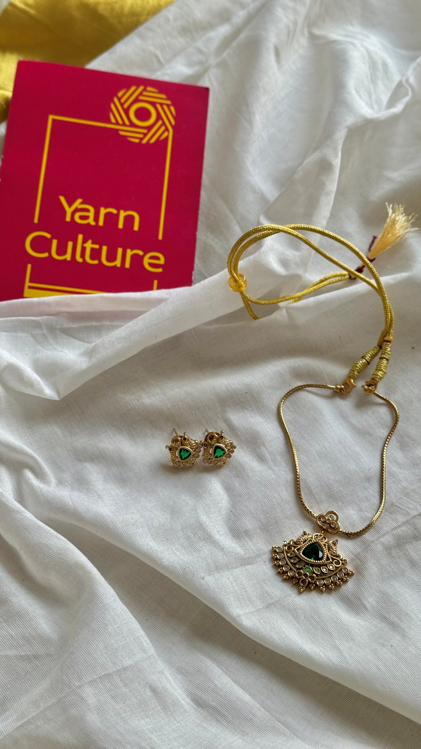 Green, white, ruby stone pendant neckpiece, with earrings - YCGPNP674