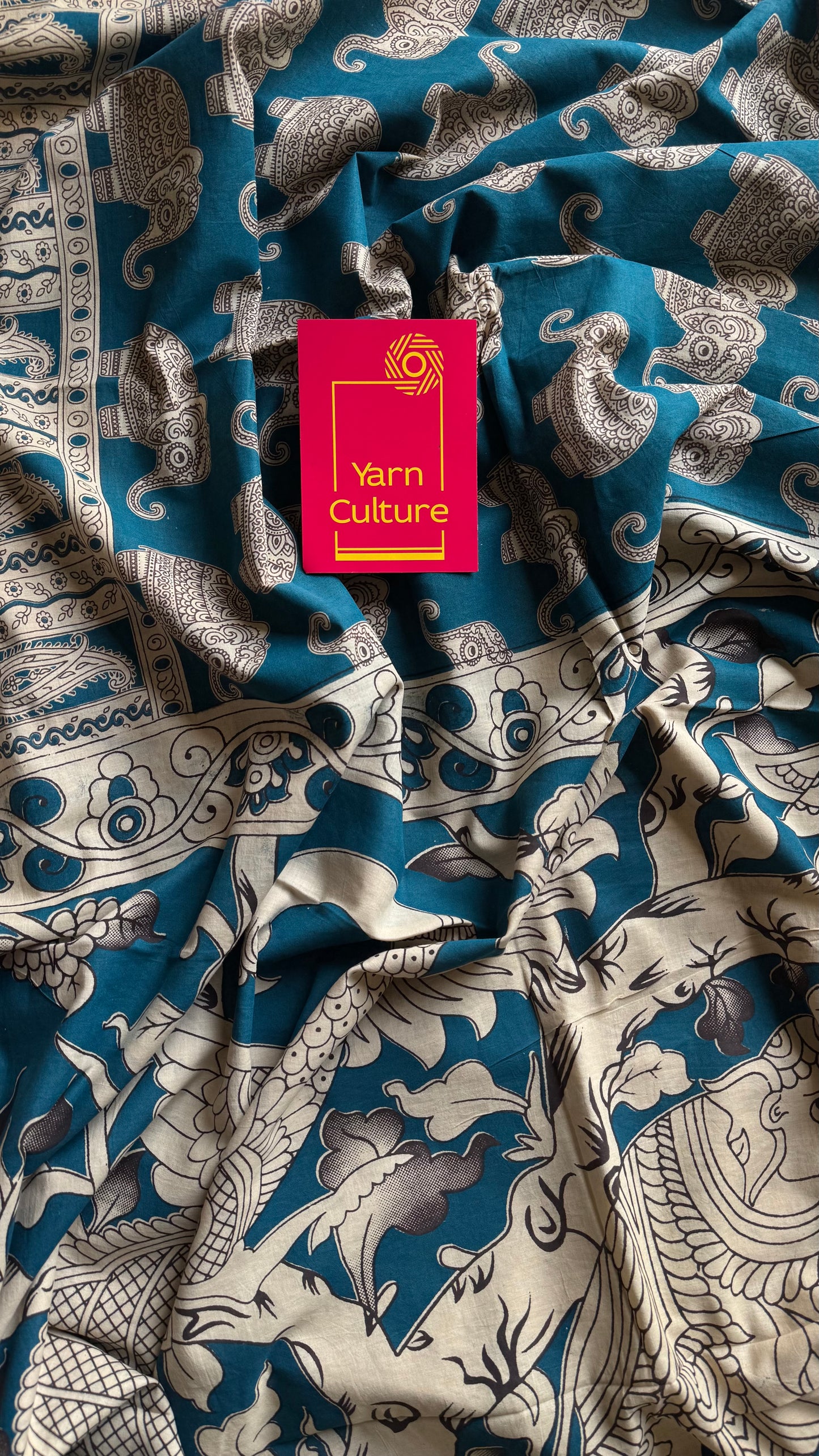 Peacock blue kalamkari saree, elephant motifs, soft cotton - YCWOTDMA350