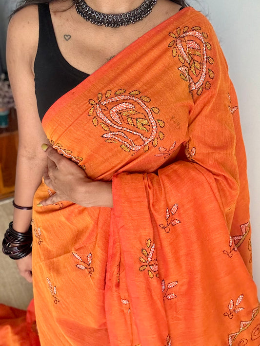 Shondhya Alo (সন্ধ্যা আলো) - Evening Light, orange kantha weave in soft khadi cotton - YCBCSEKC07