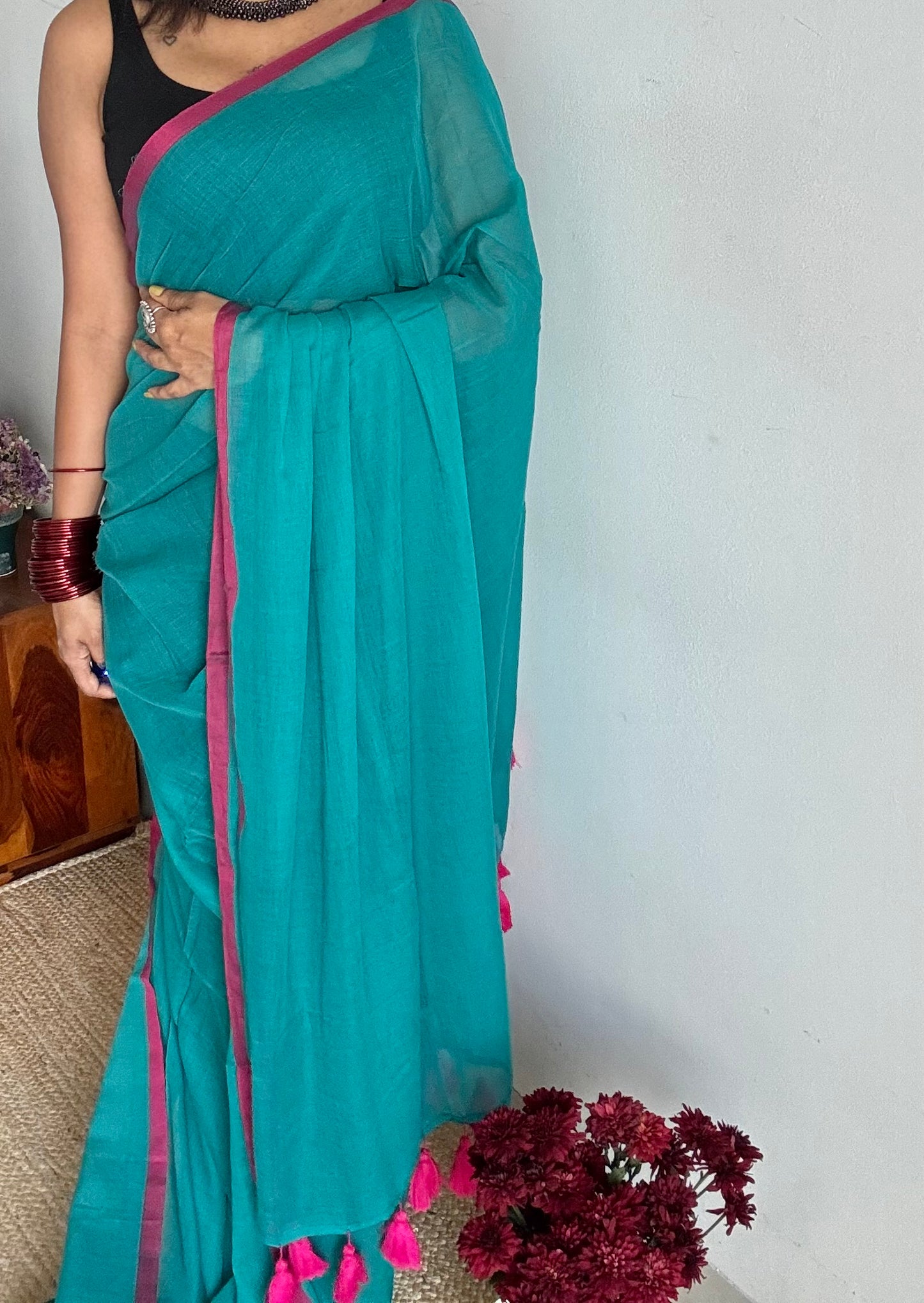 Dark cyan with ruby red border mul cotton saree - YCBCMCFE223