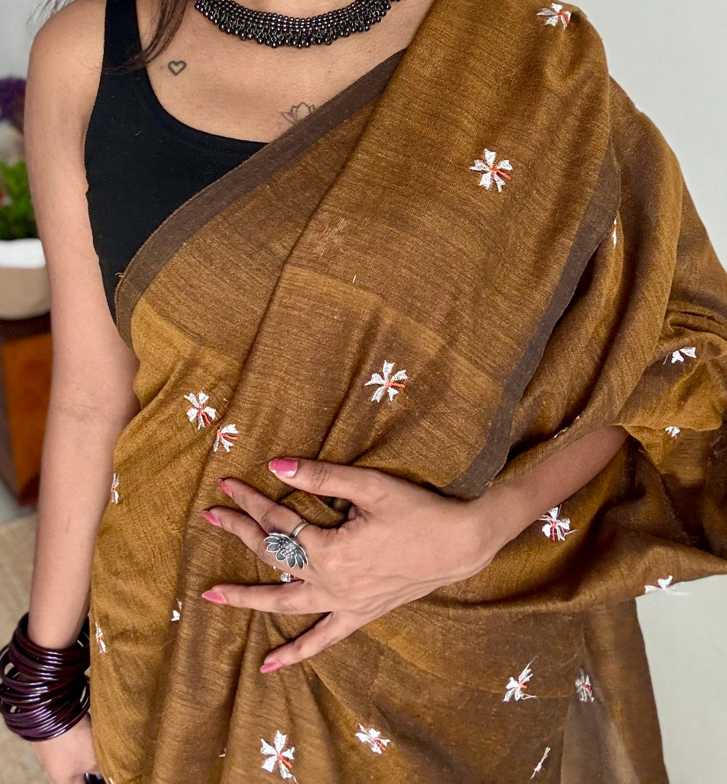 Mustard brown parijat soft cotton saree  - YCBCKCAP39