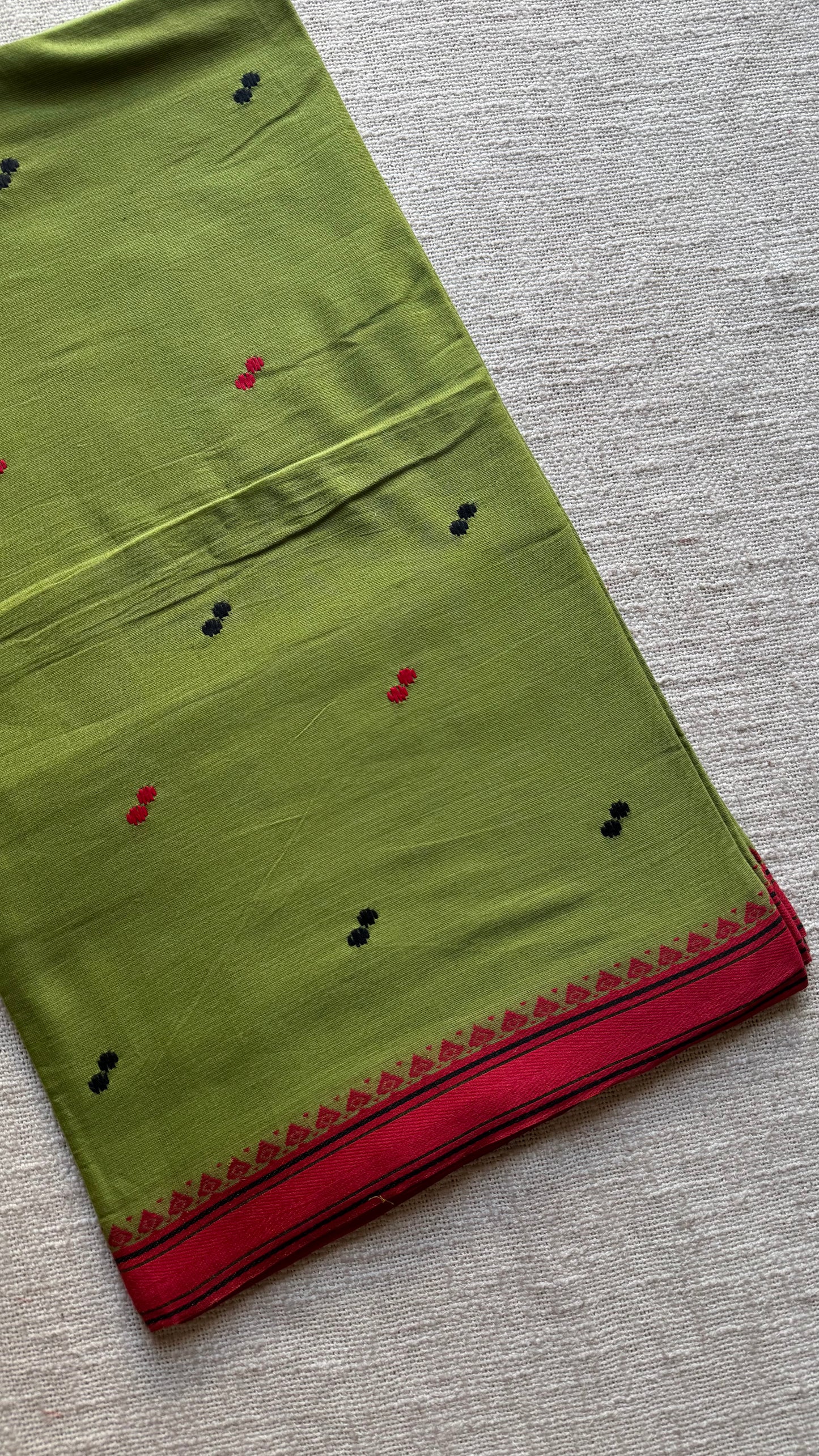 Dhonekhali handloom soft cotton saree,parrot green with red thread border, red and black woven buttas - YCBCDFE260